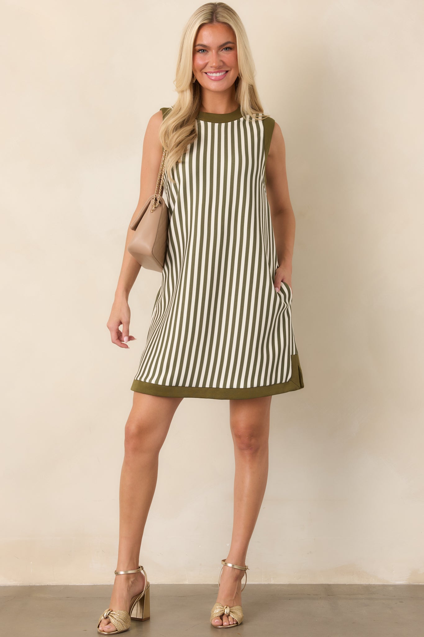 On the Roster Olive & Ivory Striped Shift Mini Dress