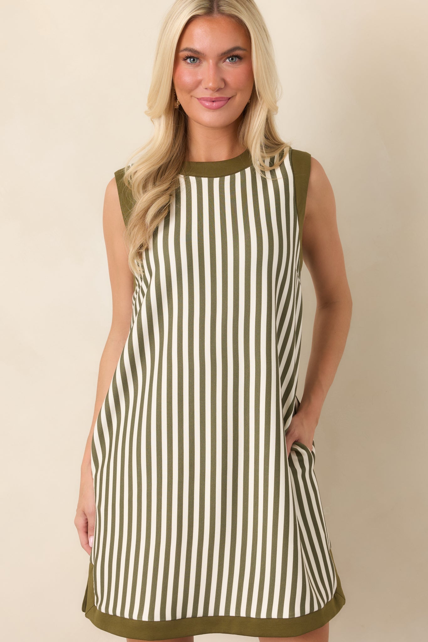 On the Roster Olive & Ivory Striped Shift Mini Dress