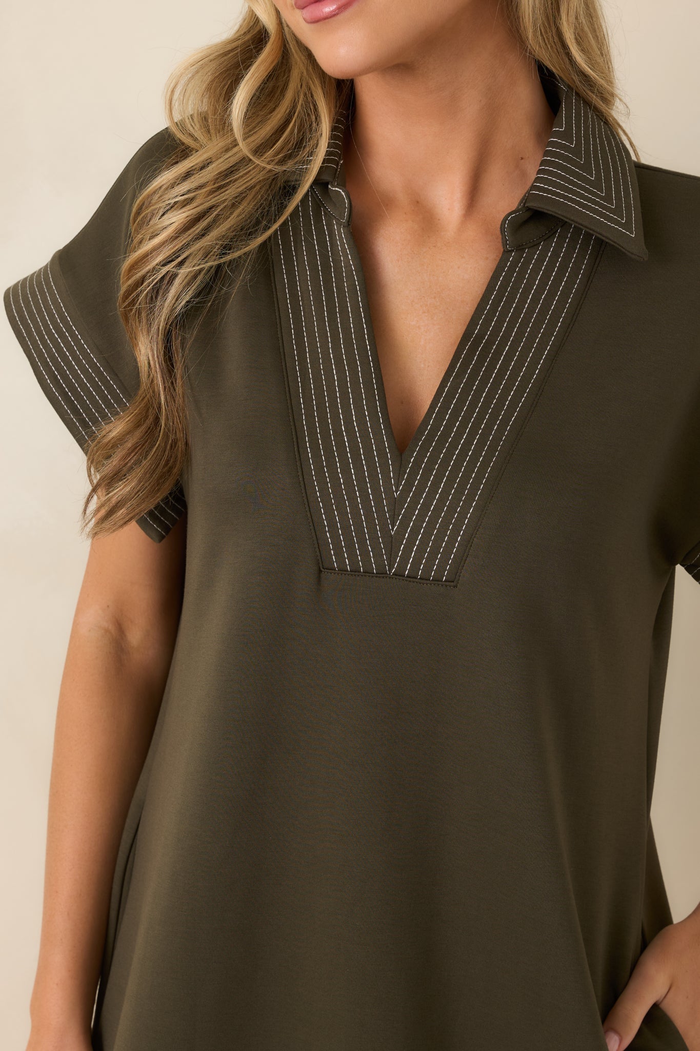 One Less Thing Olive Green V-Neck Contrast Pinstripe Maxi Dress