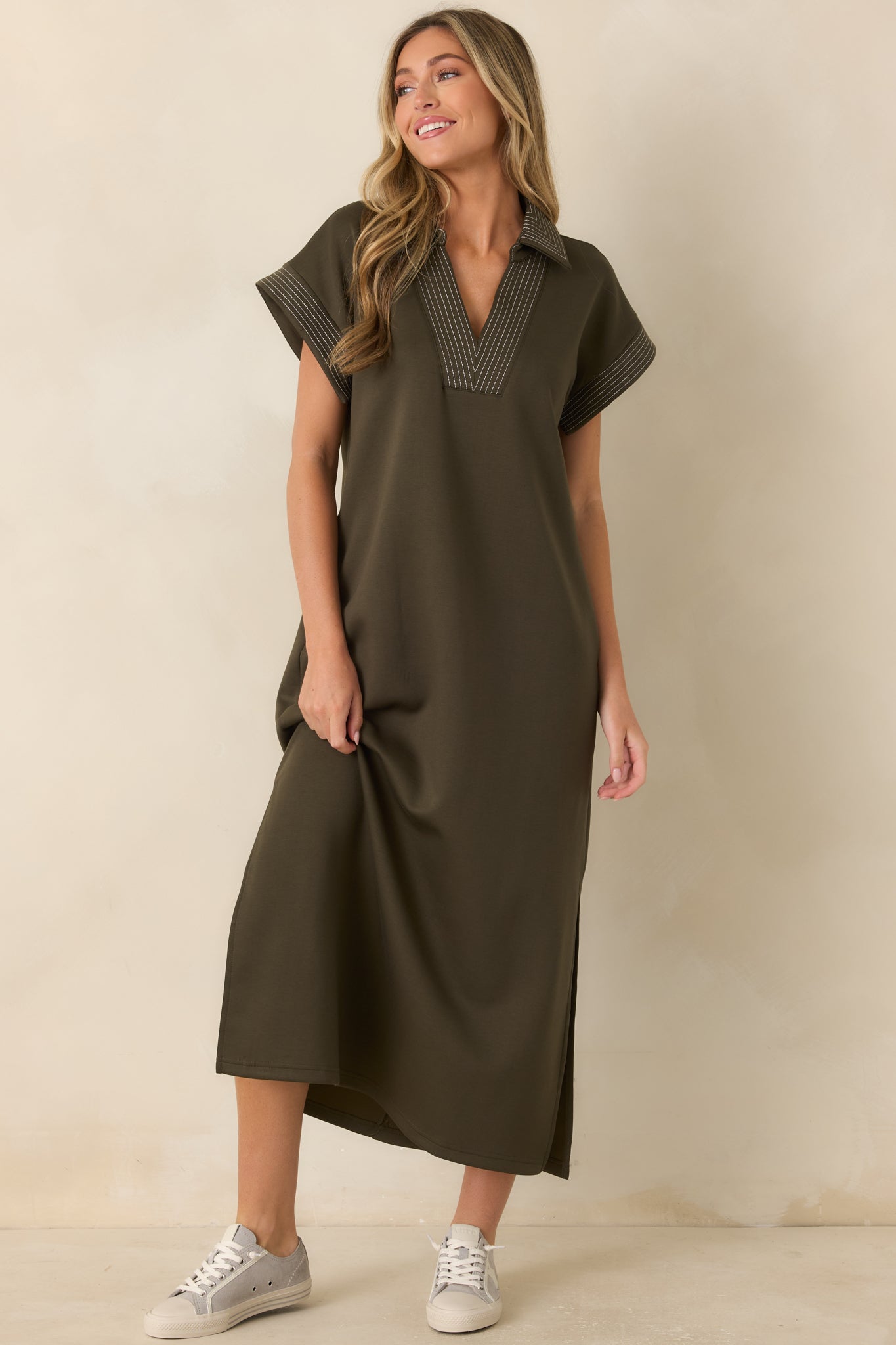 One Less Thing Olive Green V-Neck Contrast Pinstripe Maxi Dress