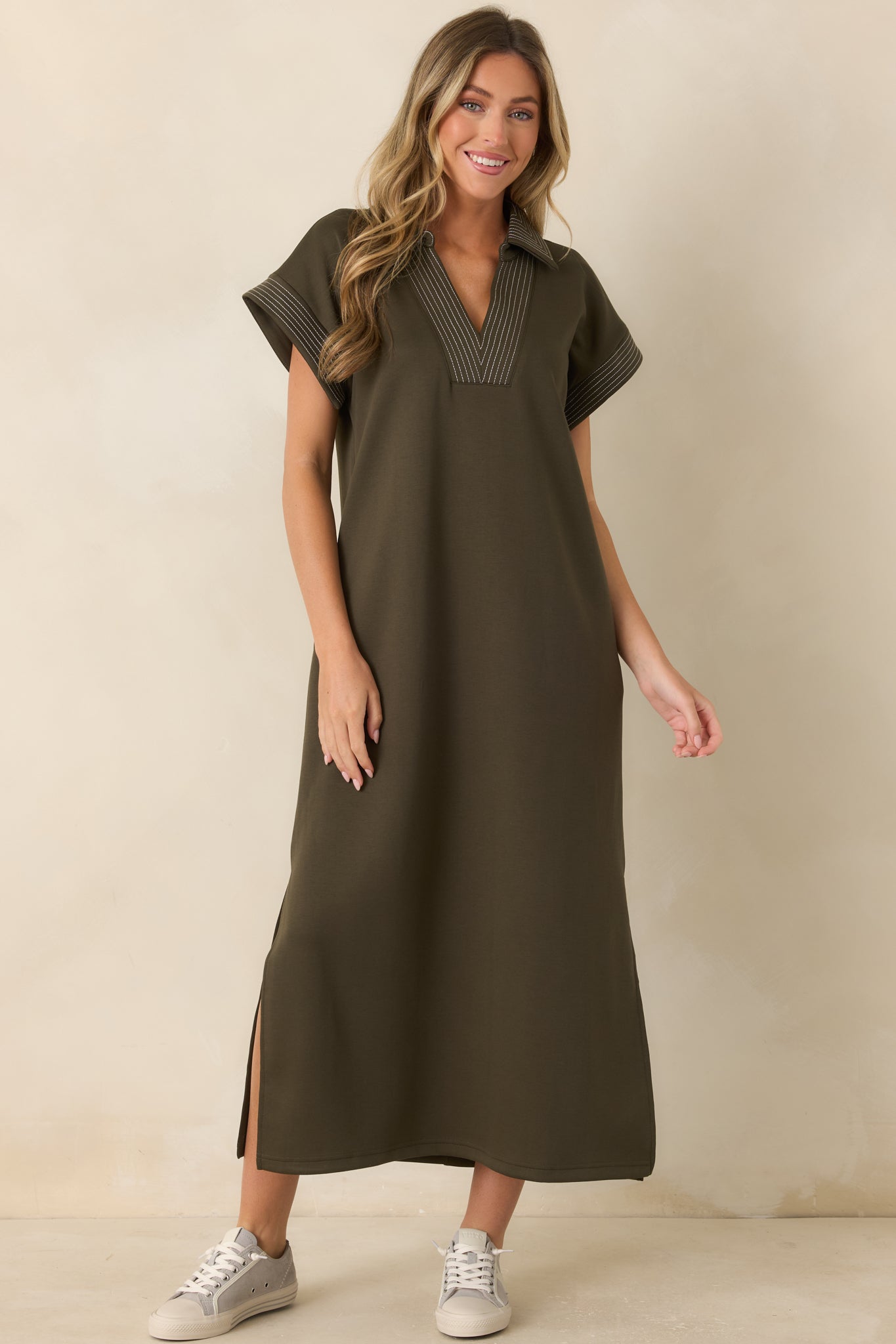 One Less Thing Olive Green V-Neck Contrast Pinstripe Maxi Dress