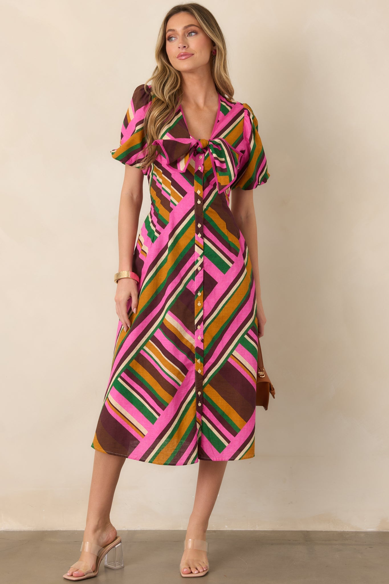 That’s the Spirit Pink Multi Geometric Stripe Cotton Linen Midi Dress