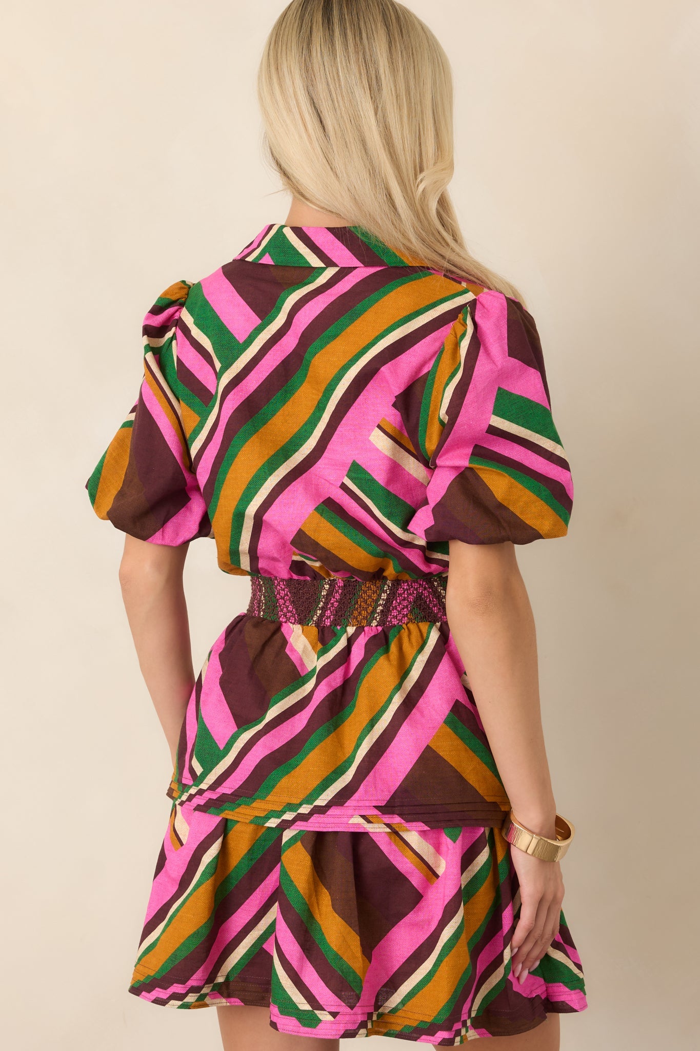 Atta Girl Pink Multi Geometric Stripe Cotton Linen Mini Dress