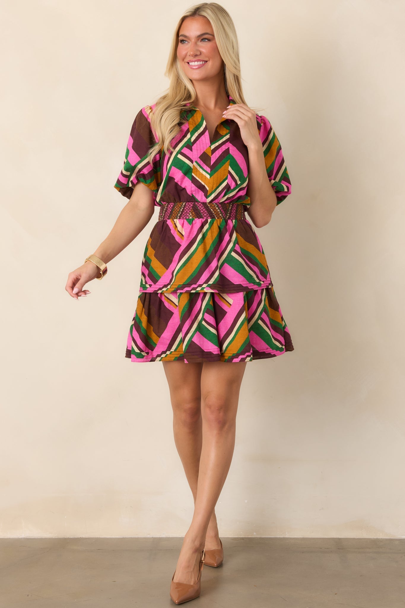 Atta Girl Pink Multi Geometric Stripe Cotton Linen Mini Dress