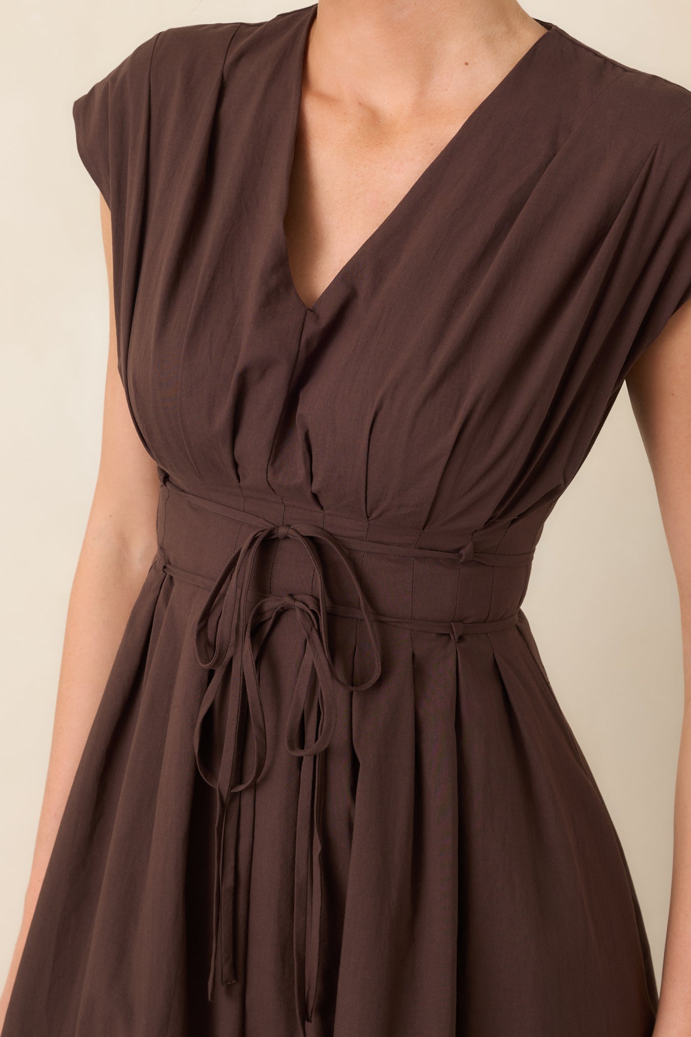 Gentle Reminders Brown Cotton Pleated V-Neck Midi Dress