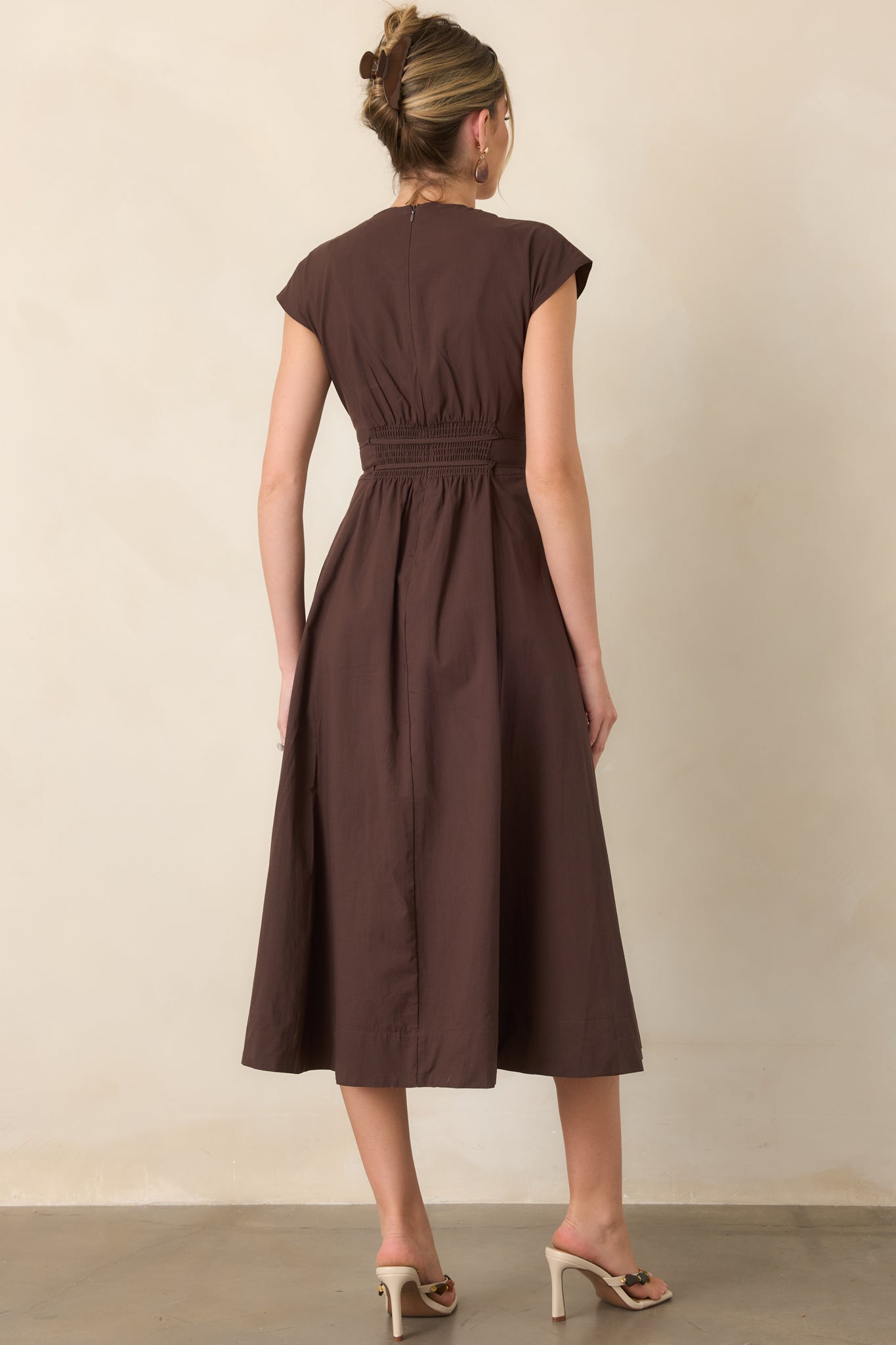 Gentle Reminders Brown Cotton Pleated V-Neck Midi Dress