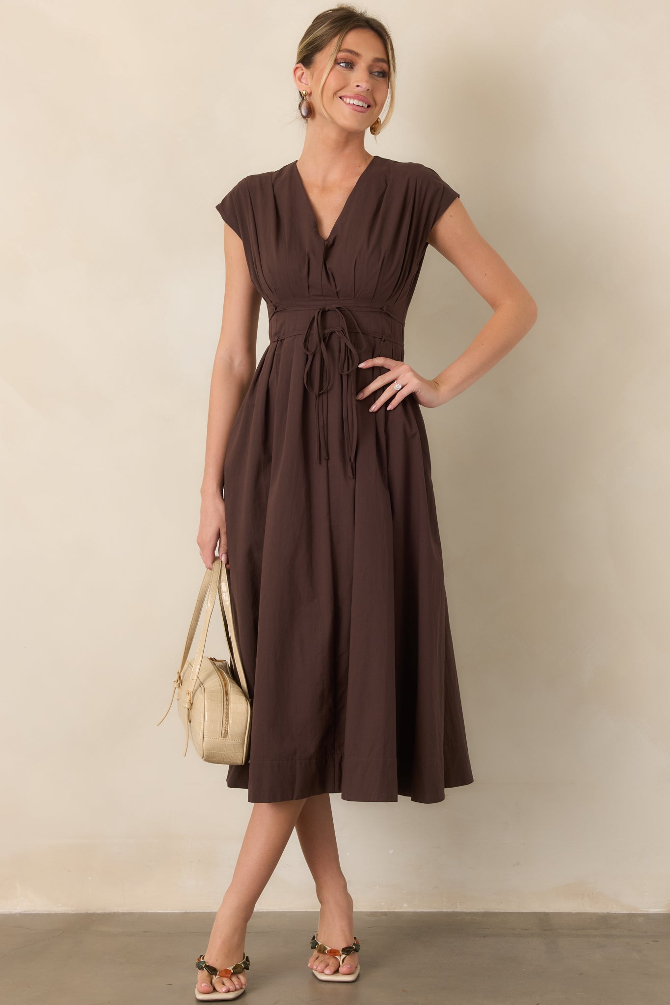 Gentle Reminders Brown Cotton Pleated V-Neck Midi Dress