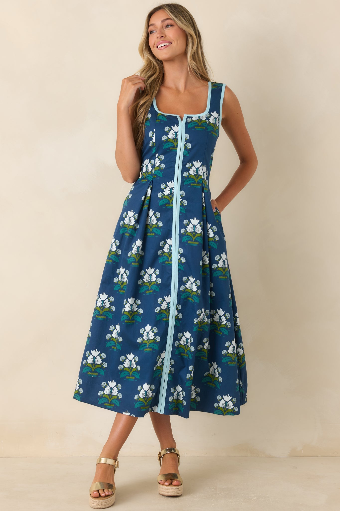 What I Had in Mind Deep Blue Floral Cotton Midi Dress
