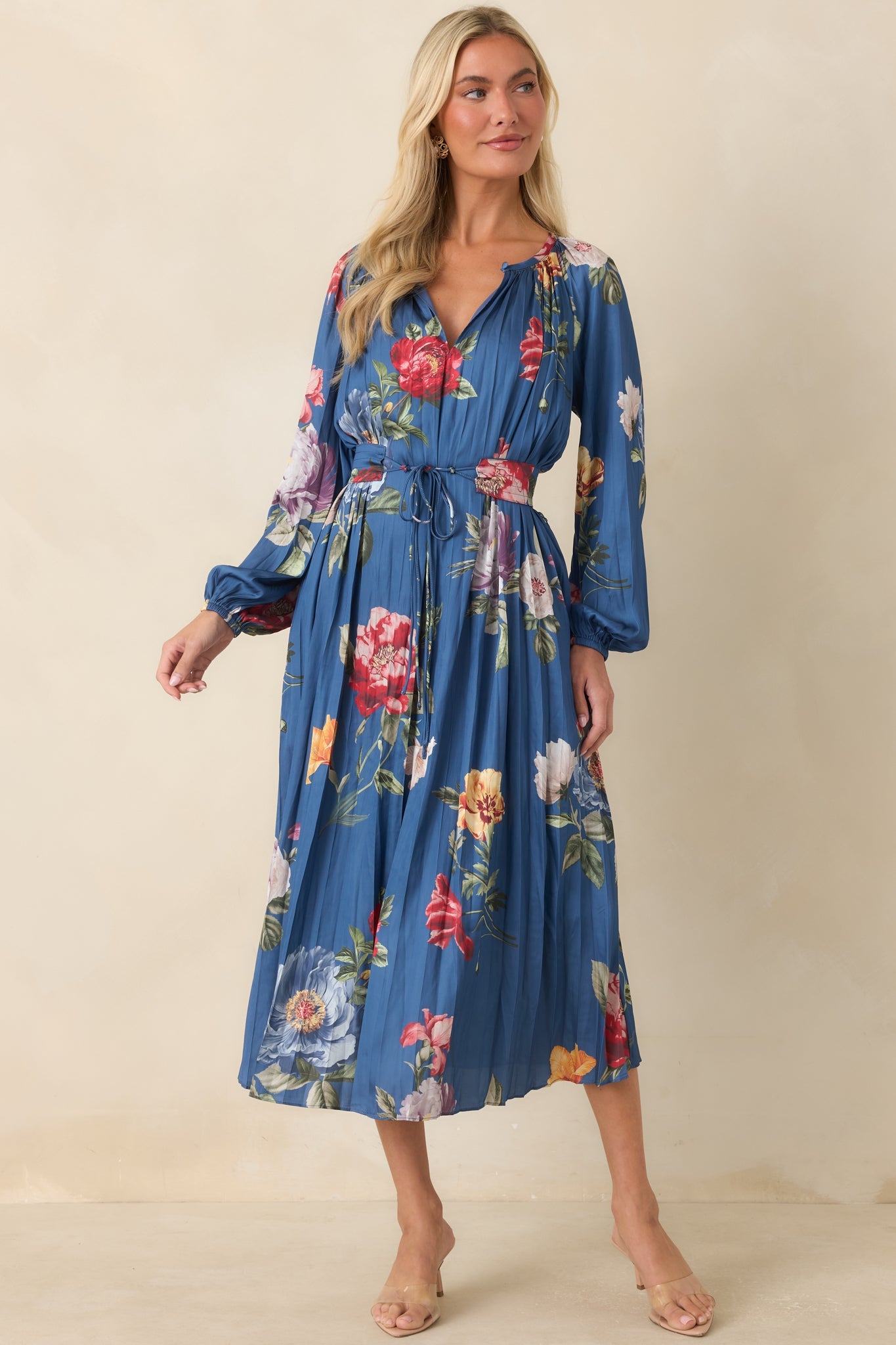 Take My Breath Away Blue Multi Floral Pleated Midi Dress