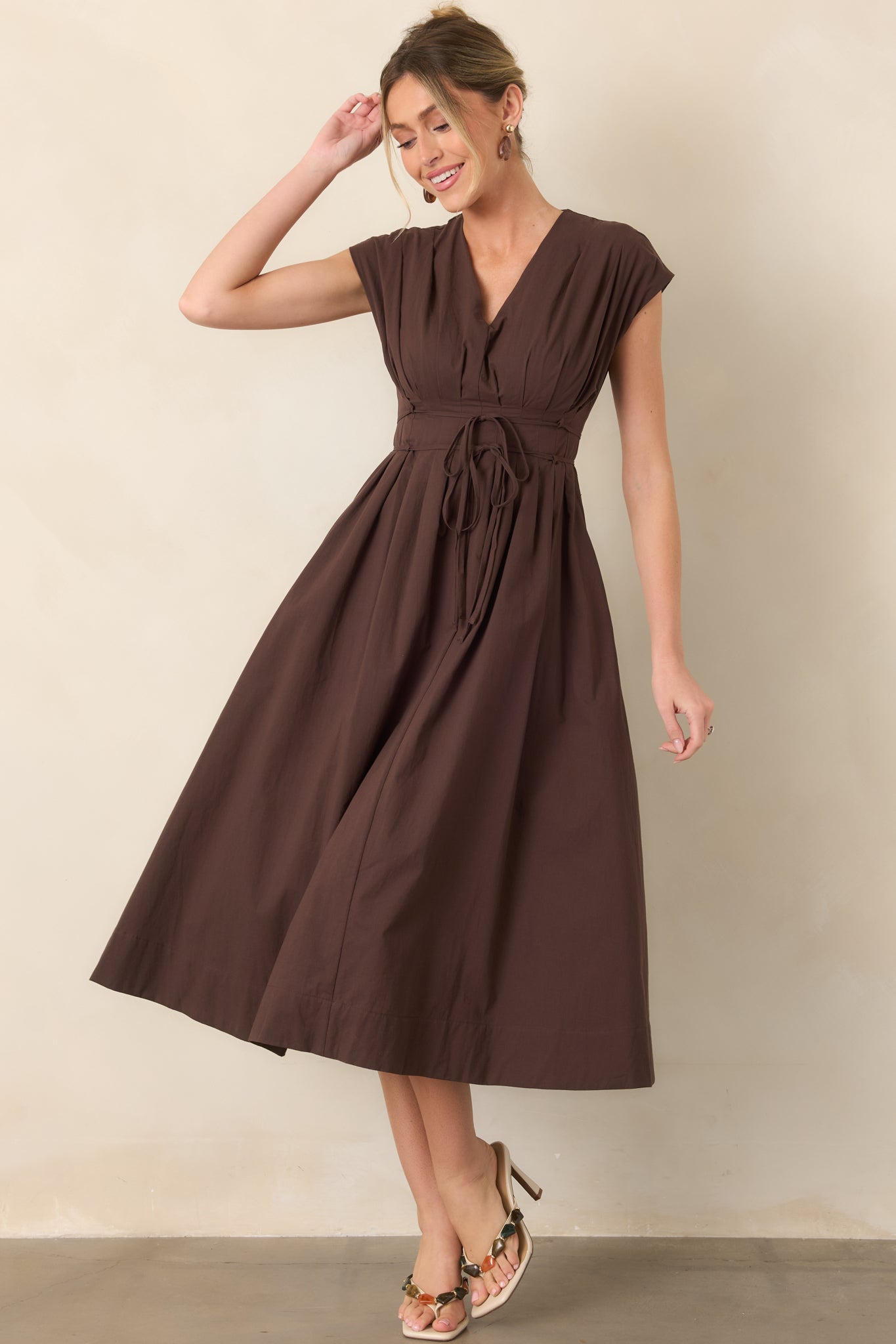 Gentle Reminders Brown Cotton Pleated V-Neck Midi Dress