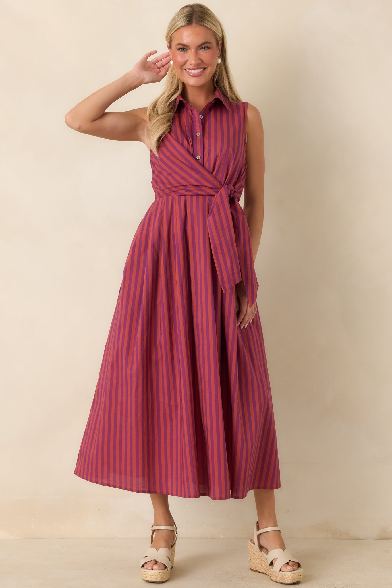 Taking Shape Plum & Burgundy Striped Tie Front Cotton Midi Dress