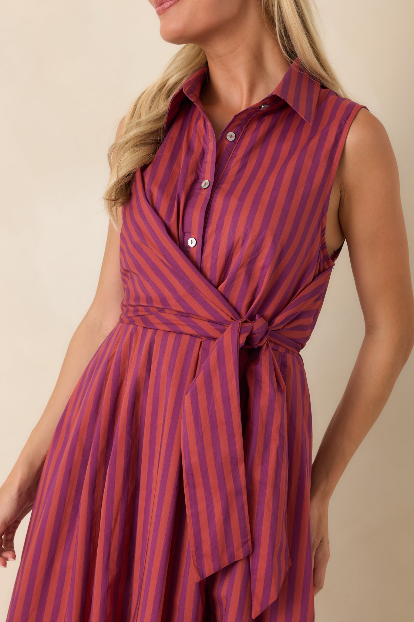 Taking Shape Plum & Burgundy Striped Tie Front Cotton Midi Dress