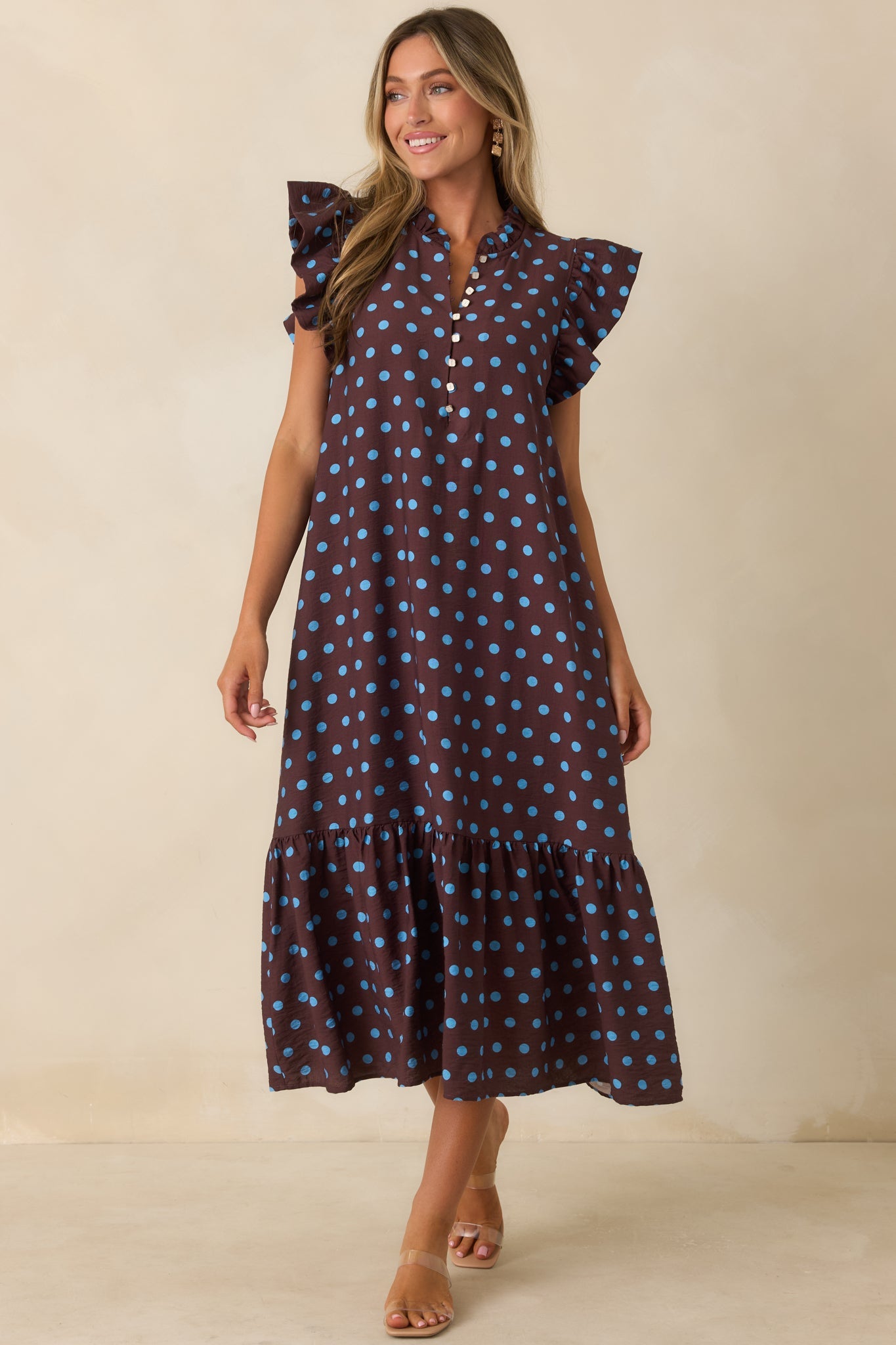 Get a Corner Table Brown & Blue Polka Dot Flutter Sleeve Midi Dress