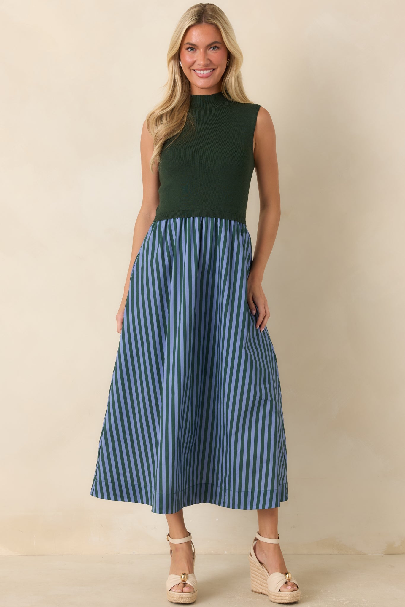 That's More Like It Hunter Green & Light Blue Stripe Sweater Midi Dress