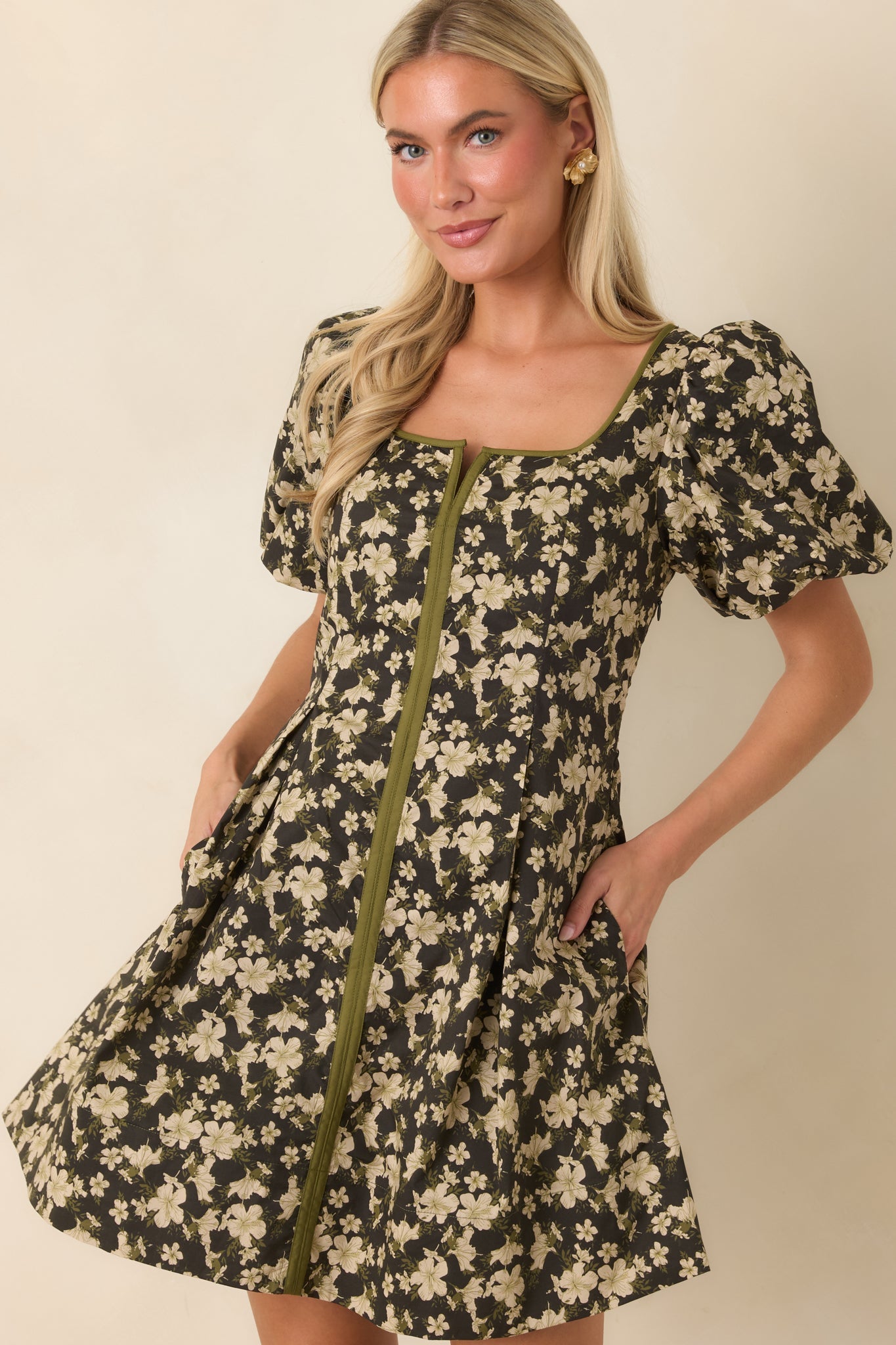 The Prettiest View Olive Green Floral Cotton Mini Dress