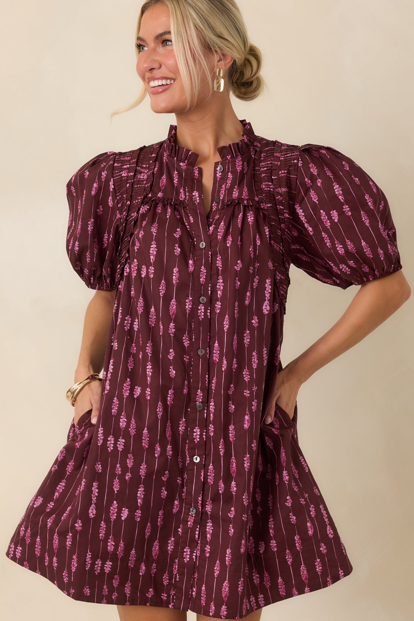 New Direction Wine & Pink Abstract Stripe Cotton Mini Dress