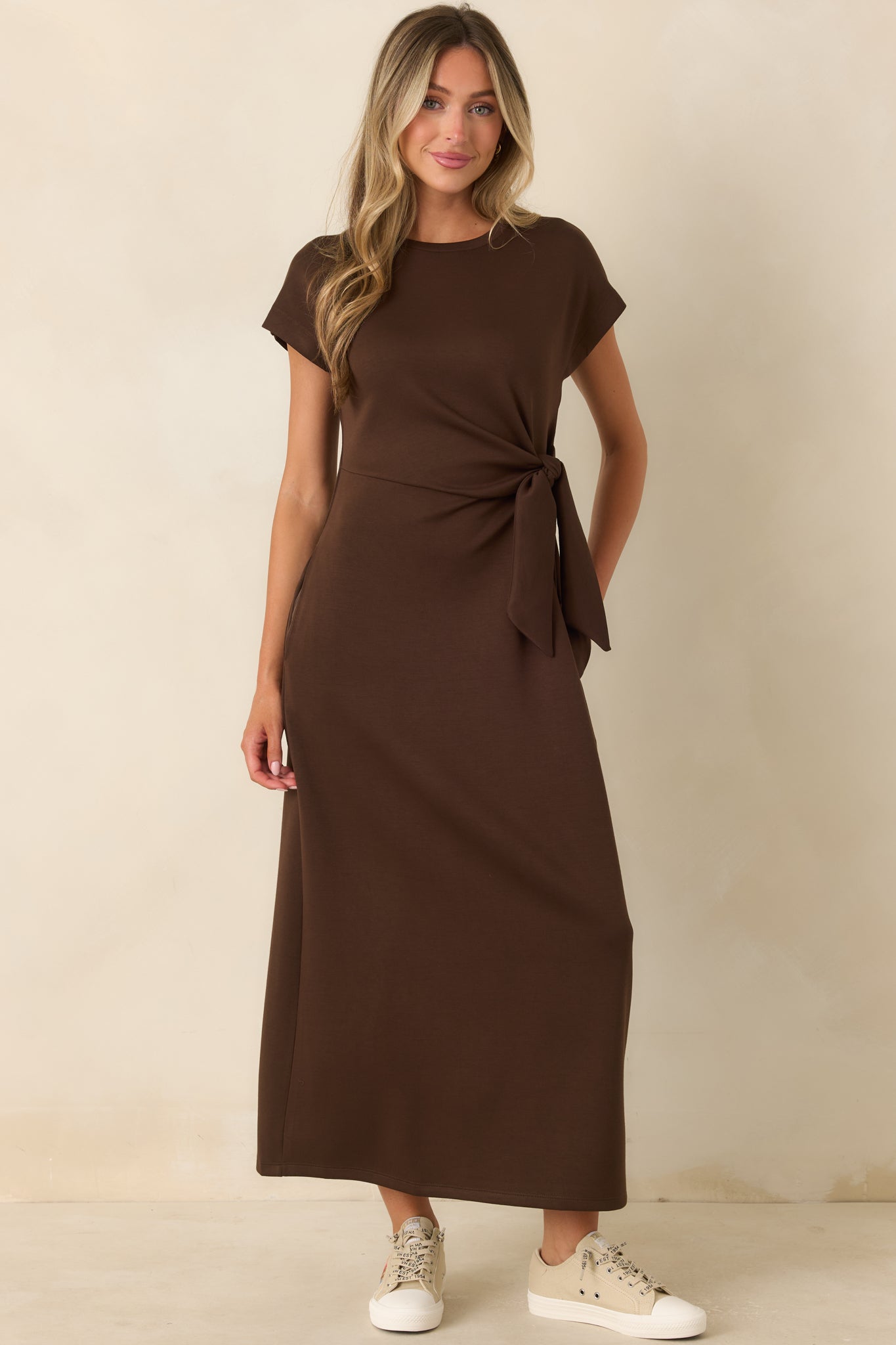 On a Side Note Chocolate Brown Side Tie Maxi Dress