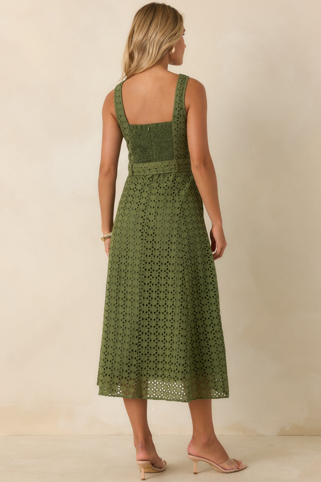 Garden Society Olive Green Cotton Eyelet Sleeveless Midi Dress