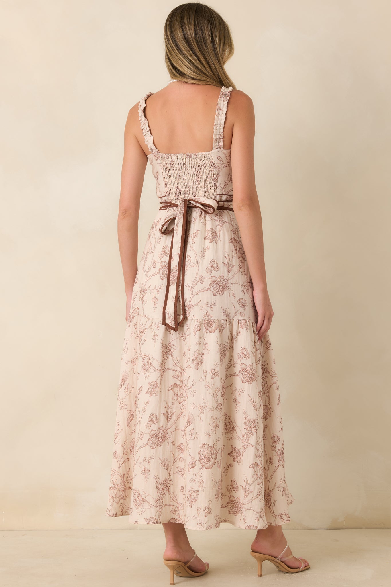 Poetry in Print Ivory & Brown Floral Ruffle Strap Maxi Dress