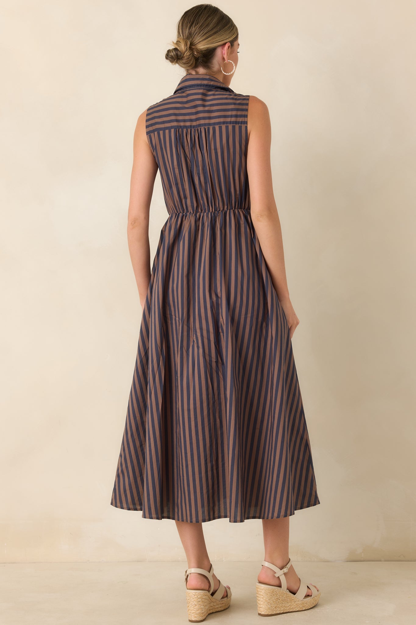 Taking Shape Navy & Tan Striped Tie Front Cotton Midi Dress