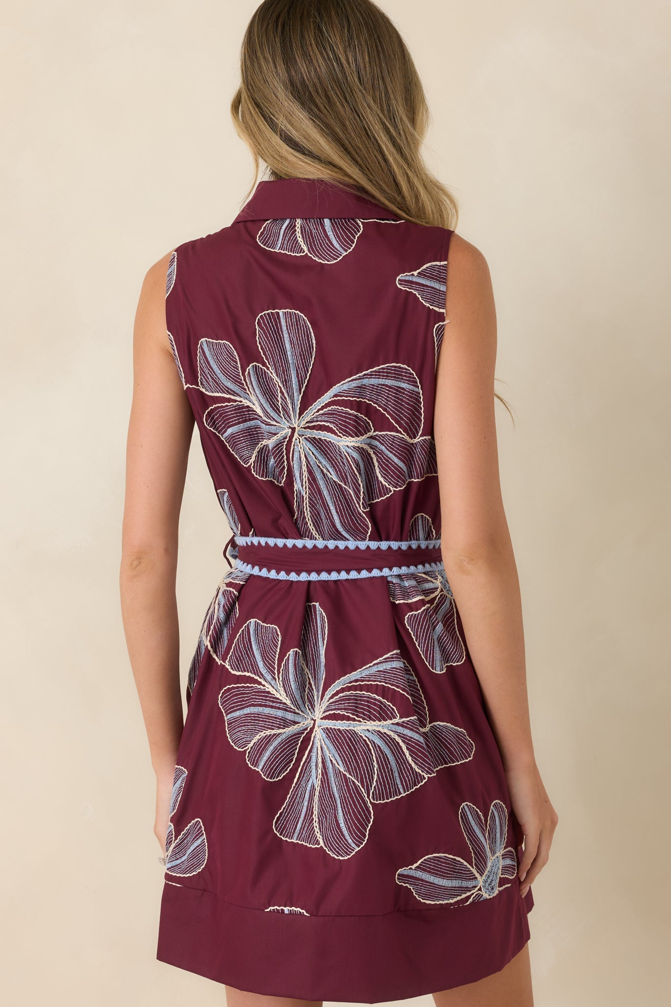 Drawn to You Burgundy & Light Blue Floral Embroidered Mini Dress