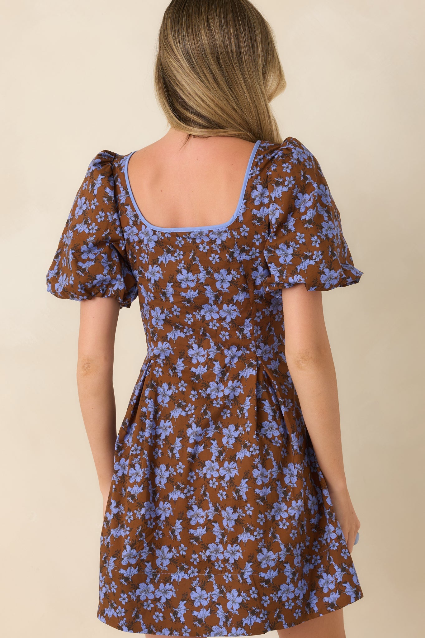 The Prettiest View Brown & Blue Floral Cotton Mini Dress