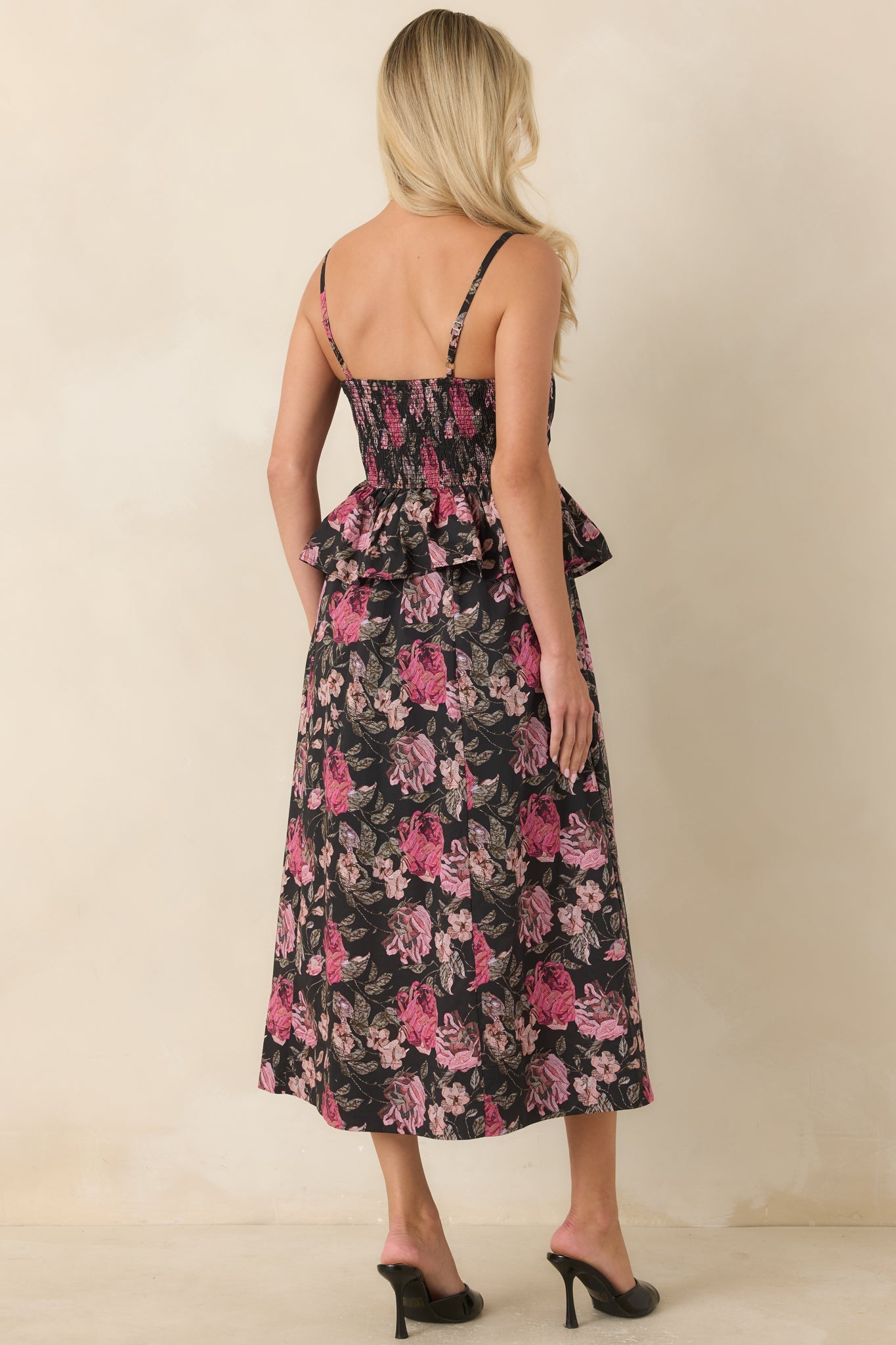 A Very Good Reason Black Floral Cotton Pleated Peplum Midi Dress