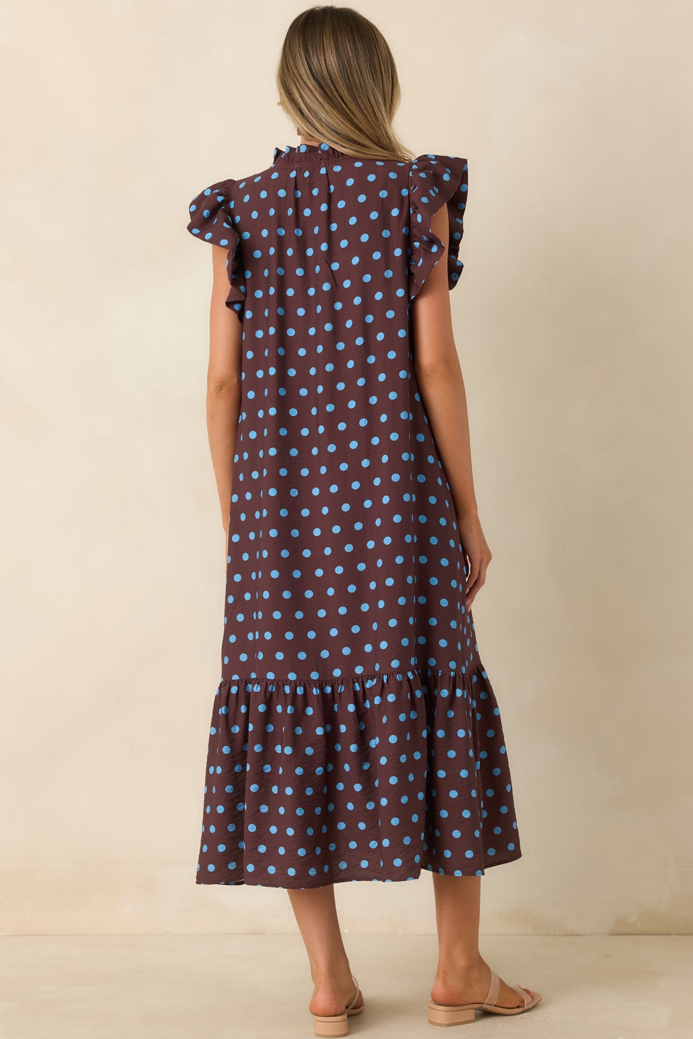 Get a Corner Table Brown & Blue Polka Dot Flutter Sleeve Midi Dress