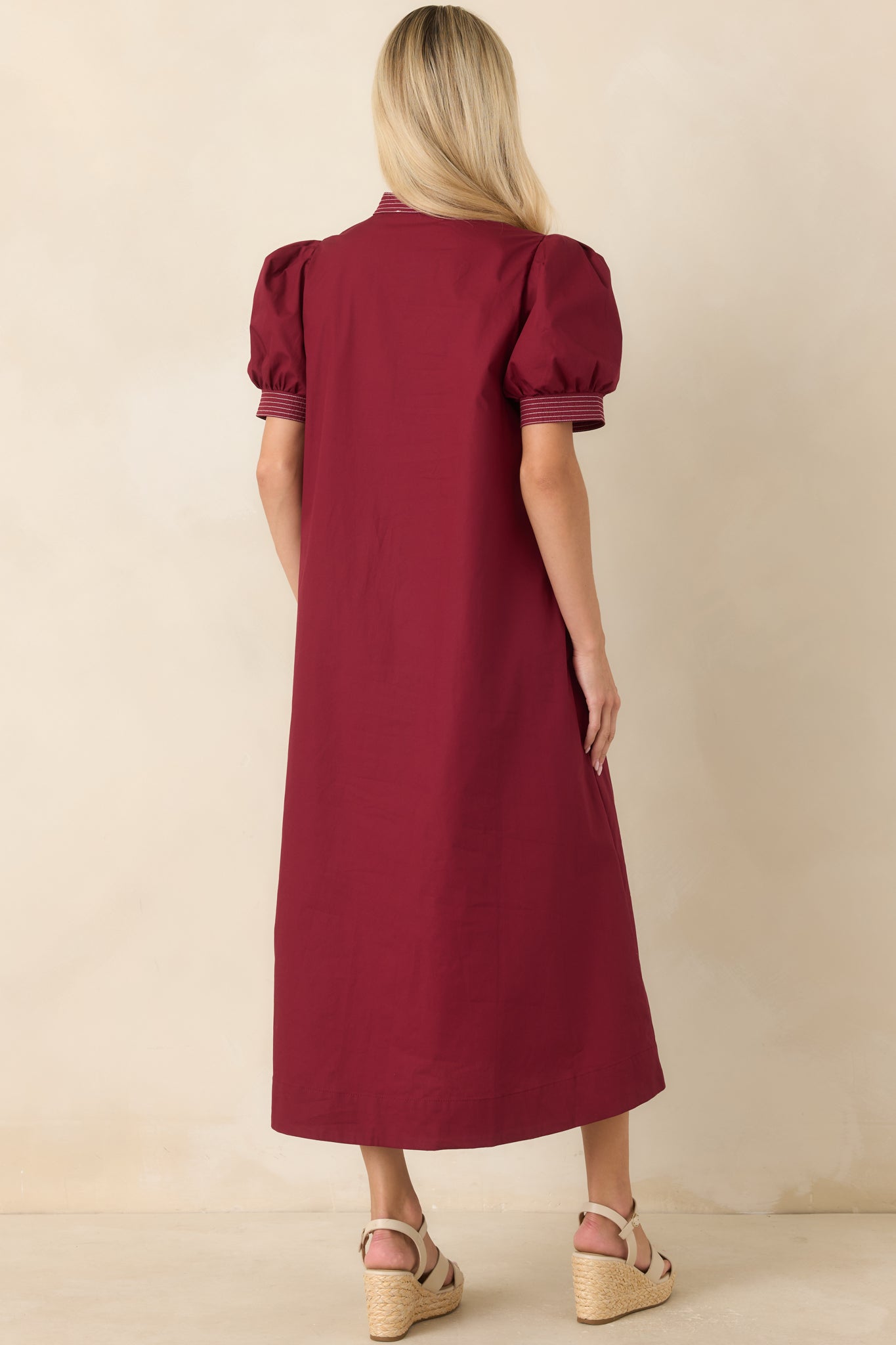 She Makes a Strong Point Burgundy Contrast Stitch Cotton Midi Dress