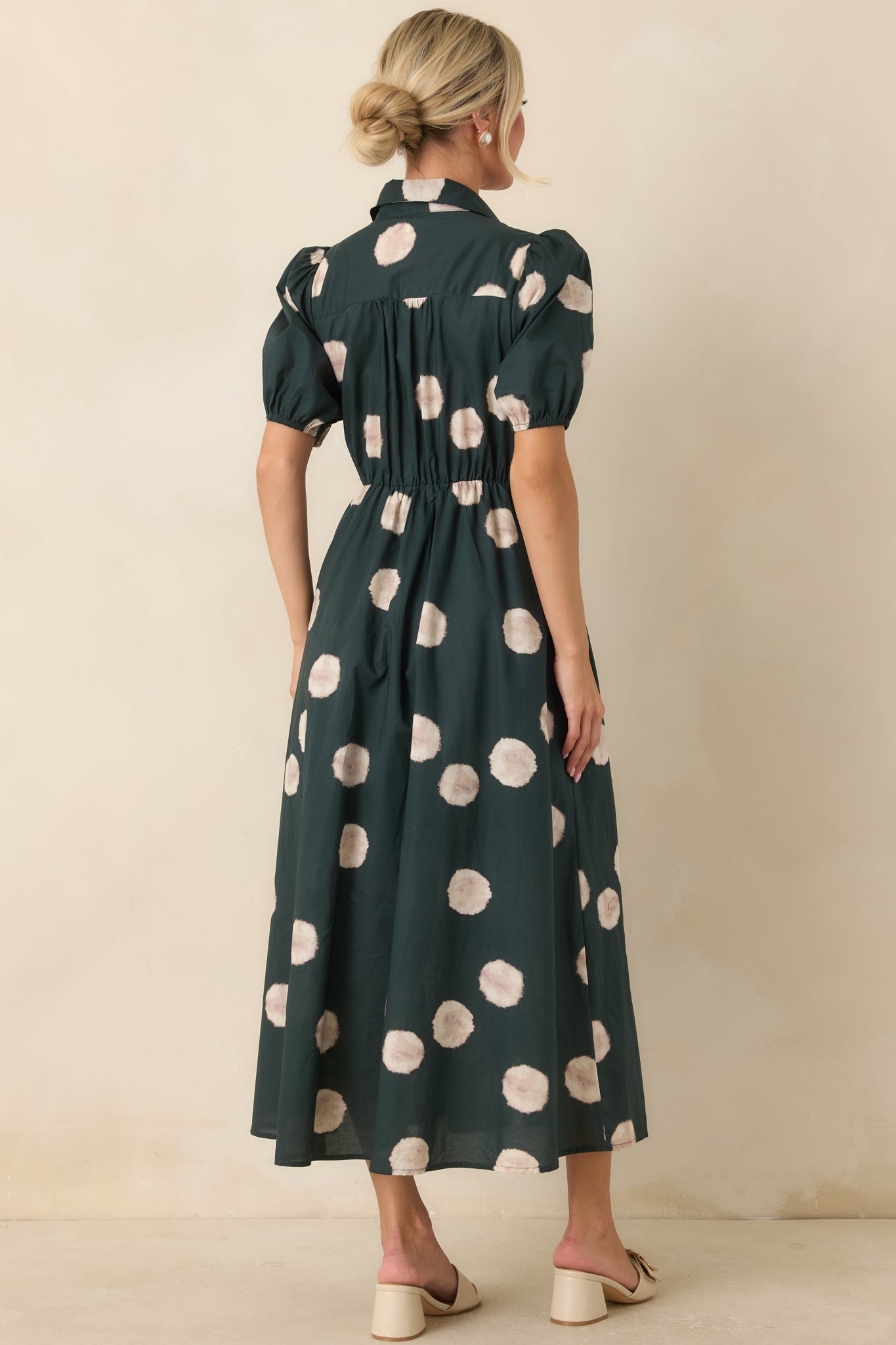 Gather Around Hunter Green Dot Print Cotton Midi Dress