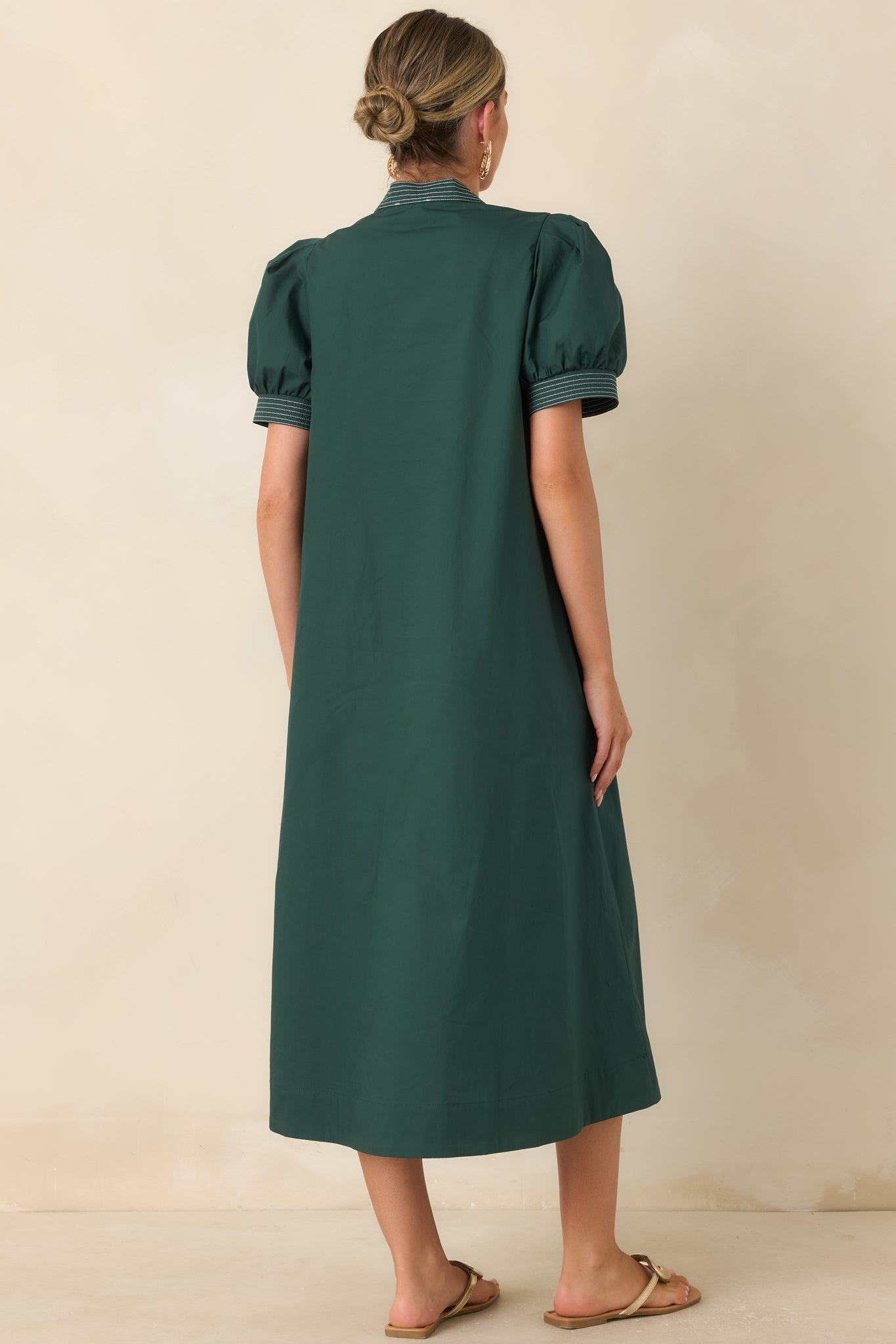 She Makes a Strong Point Hunter Green Contrast Stitch Cotton Midi Dress