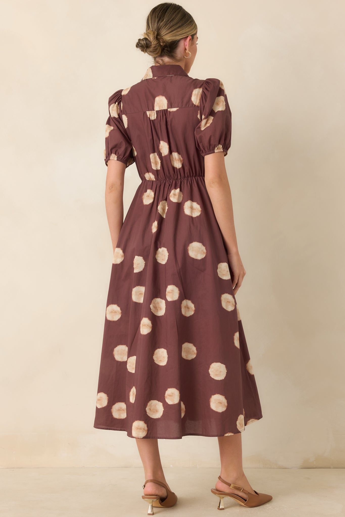 Gather Around Rust Brown Dot Print Cotton Midi Dress