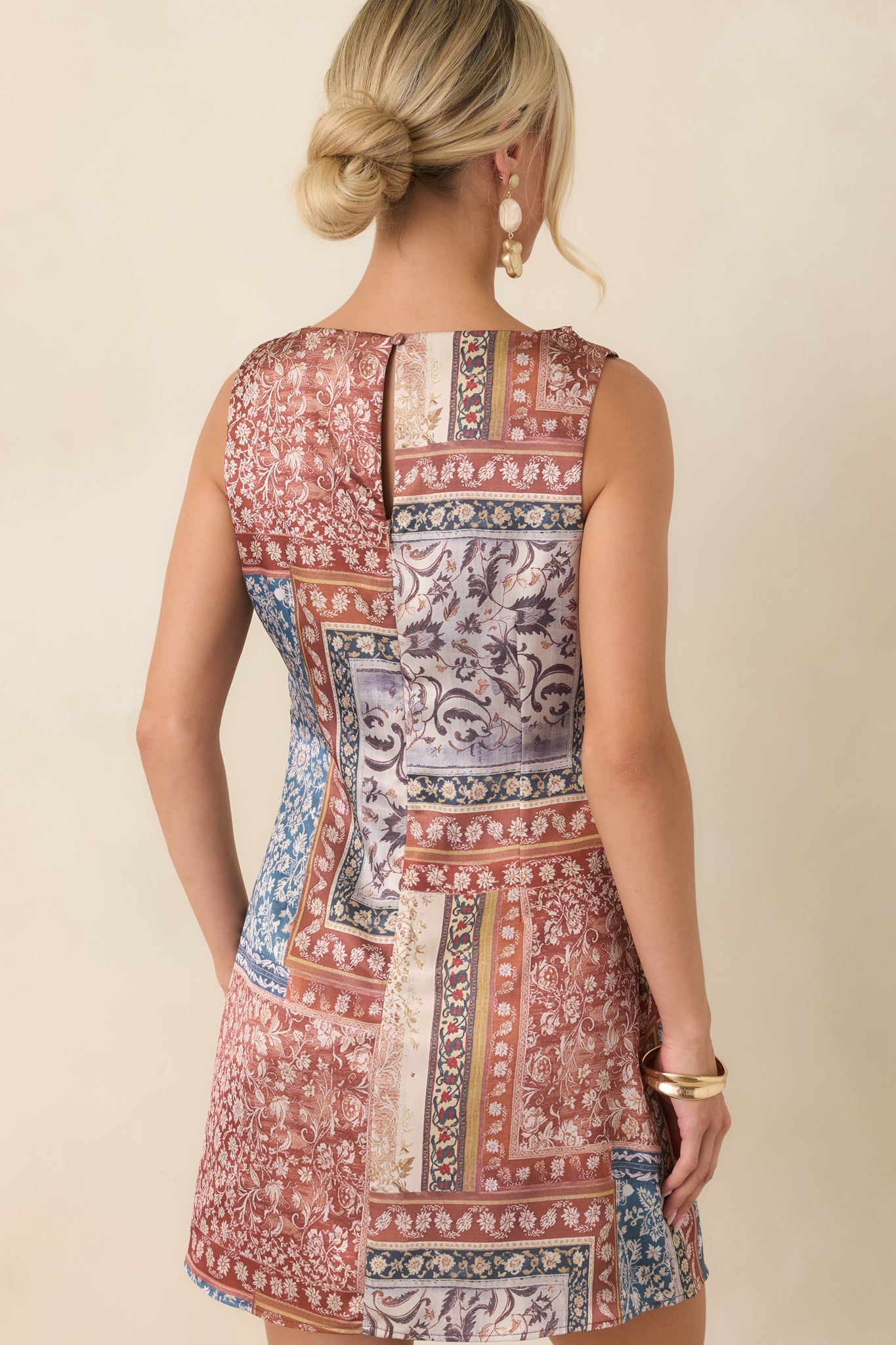 Looking Like a Yes Rust & Blue Scarf Print Cowl Neck Mini Dress