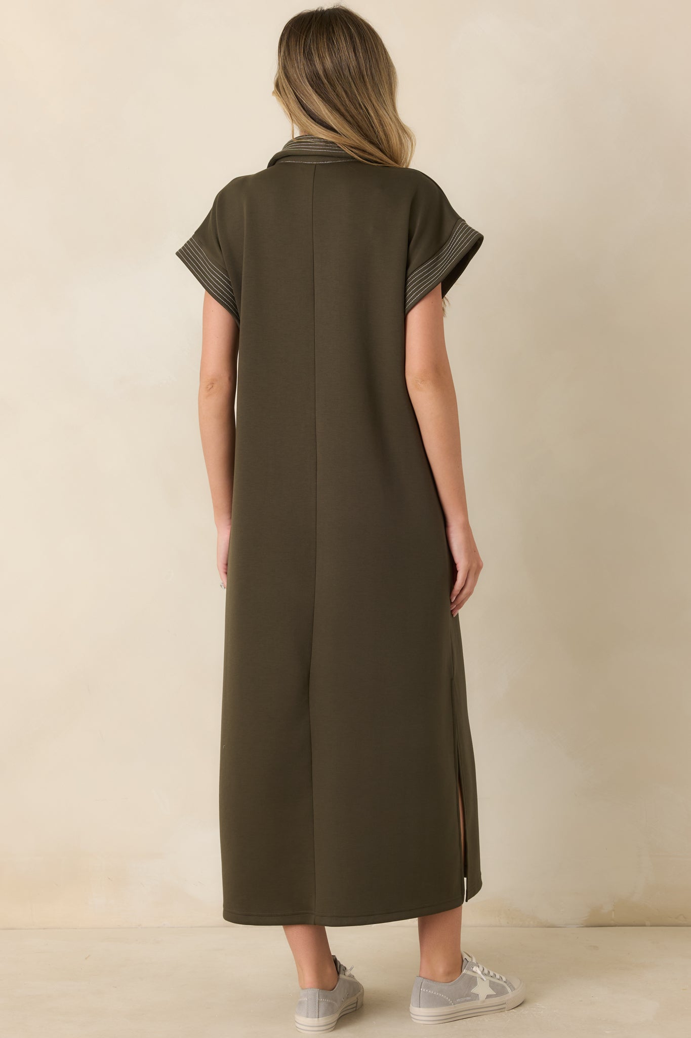 One Less Thing Olive Green V-Neck Contrast Pinstripe Maxi Dress