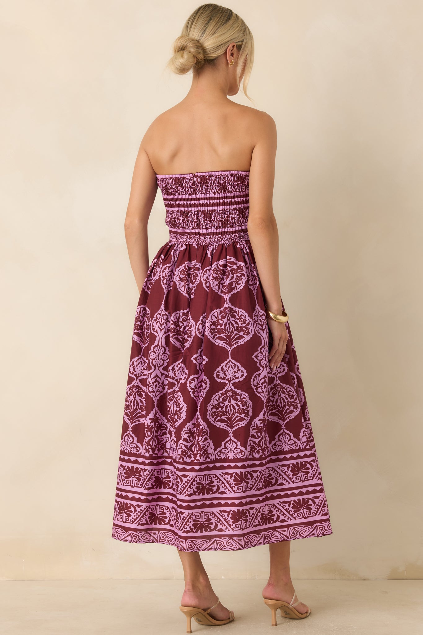 Painted Passage Wine & Orchid Pink Cotton Strapless Midi Dress