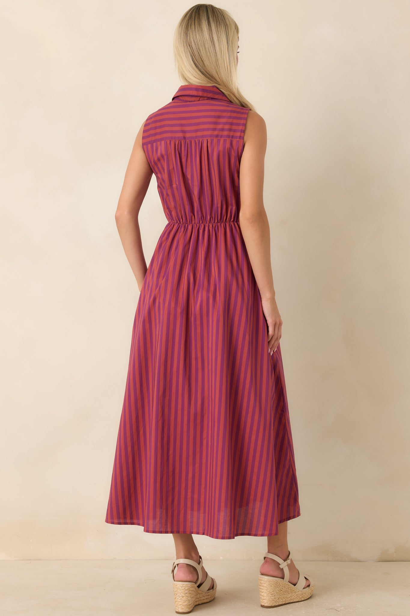 Taking Shape Plum & Burgundy Striped Tie Front Cotton Midi Dress