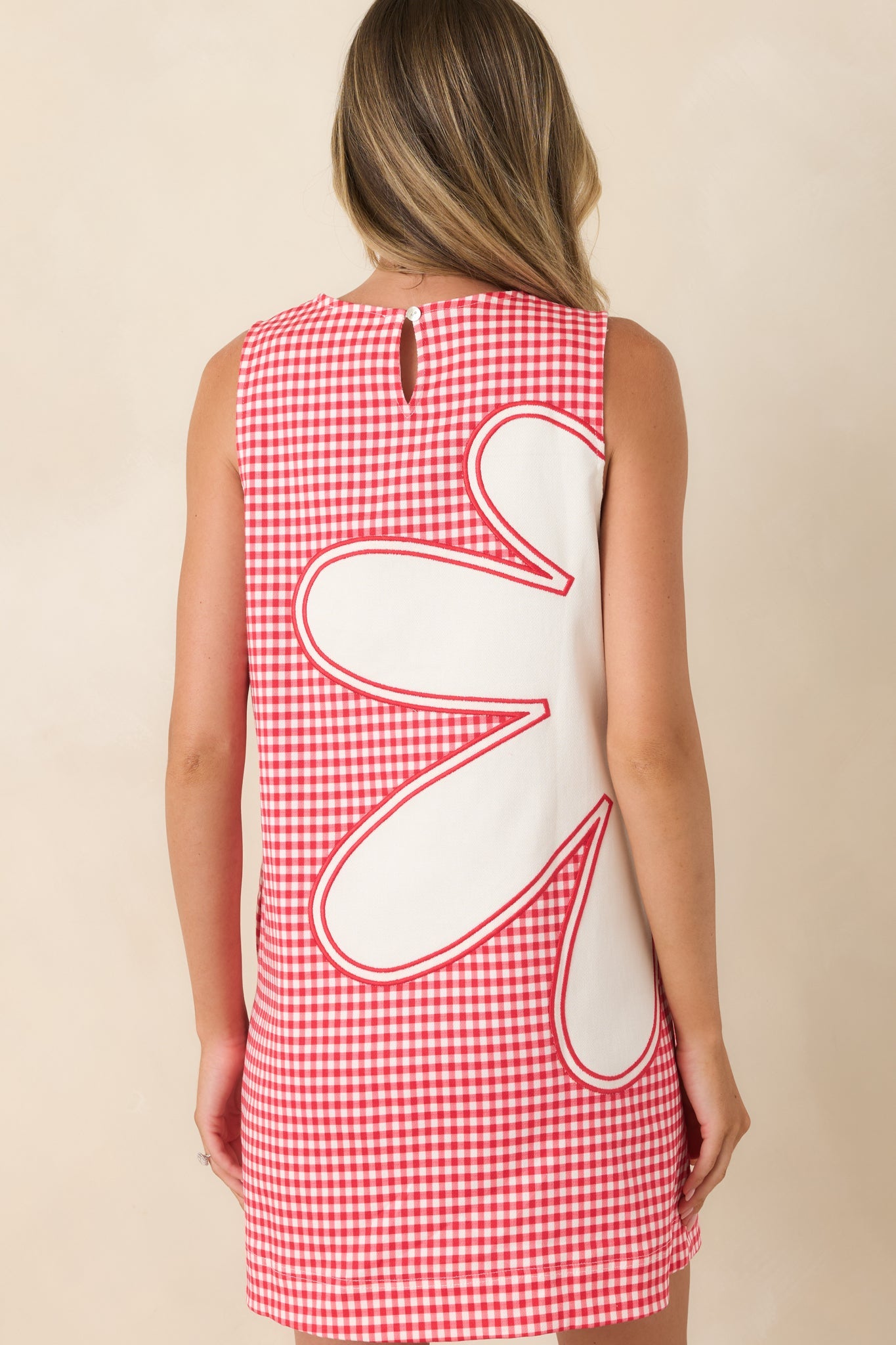 Instant Joy Red Gingham Cotton Appliqué Mini Shift Dress
