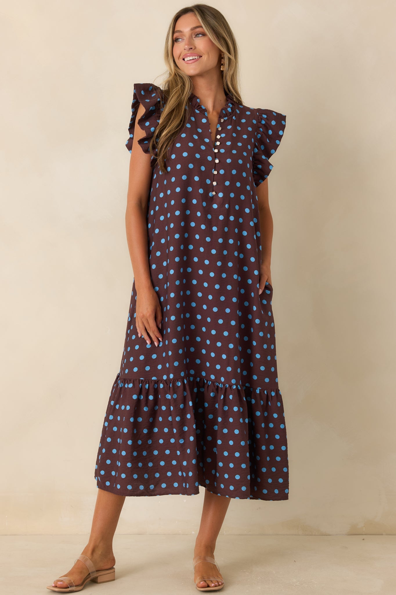 Get a Corner Table Brown & Blue Polka Dot Flutter Sleeve Midi Dress