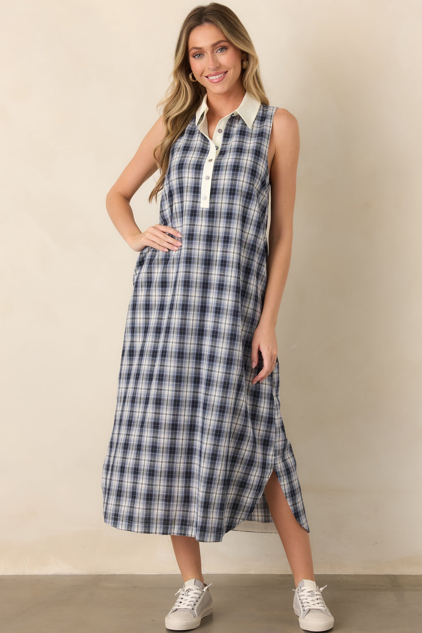 Small Town Story Navy Plaid Cotton Midi Dress