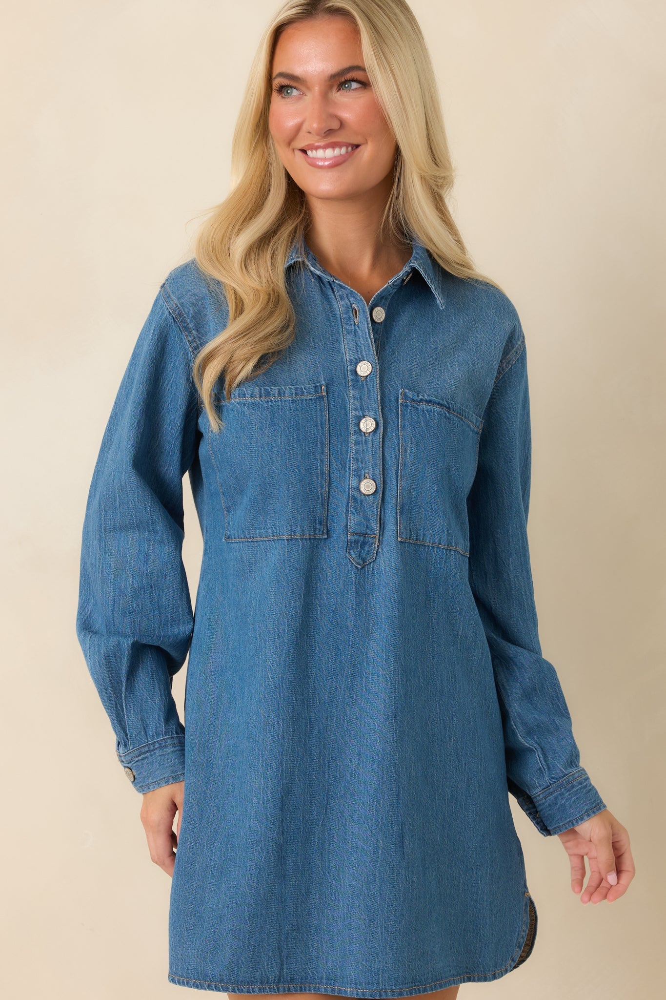 Z Supply Lucie Medium Wash Cotton Denim Mini Shirt Dress