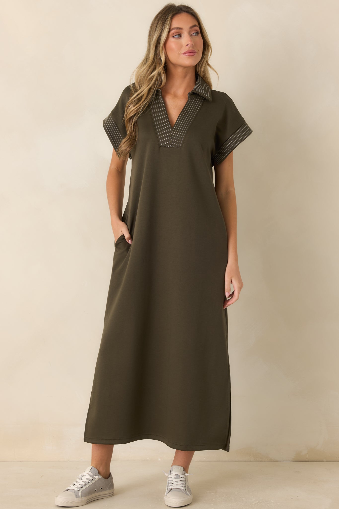 One Less Thing Olive Green V-Neck Contrast Pinstripe Maxi Dress