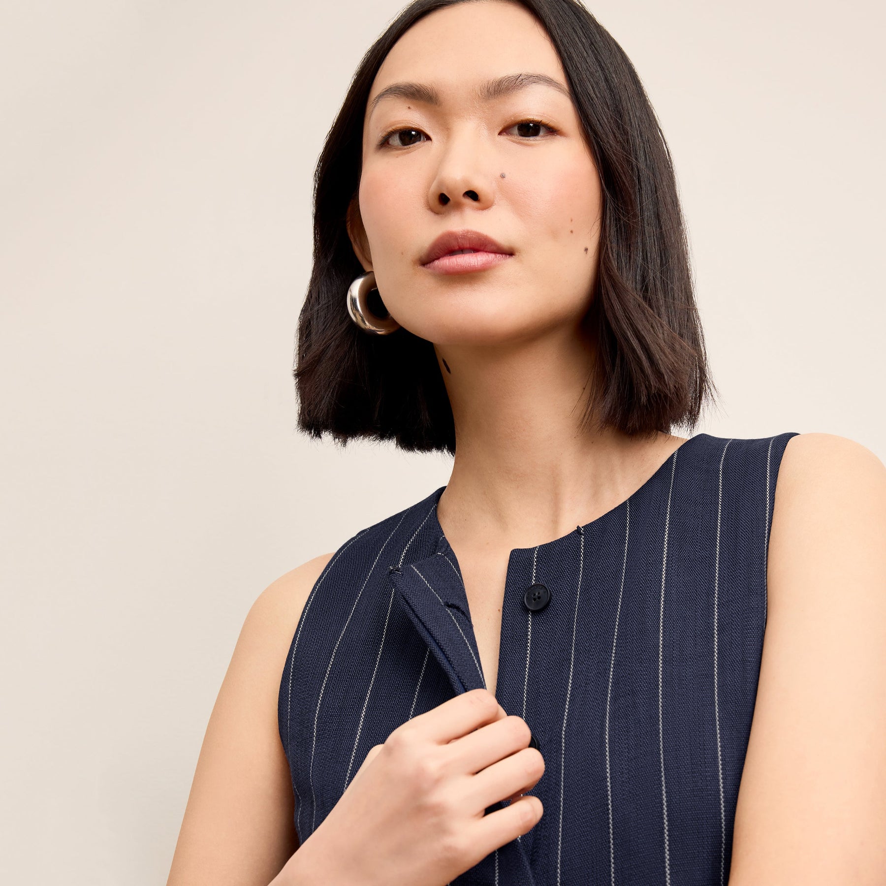 Renata Shift Dress - Woven Pinstripe :: Navy/Ivory