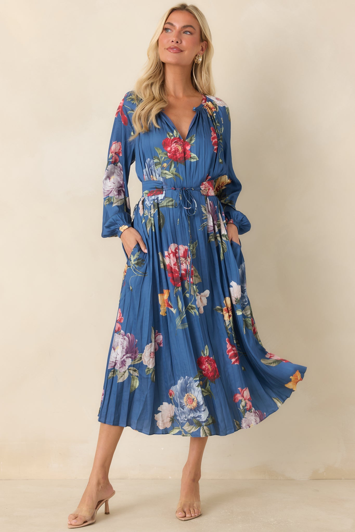 Take My Breath Away Blue Multi Floral Pleated Midi Dress