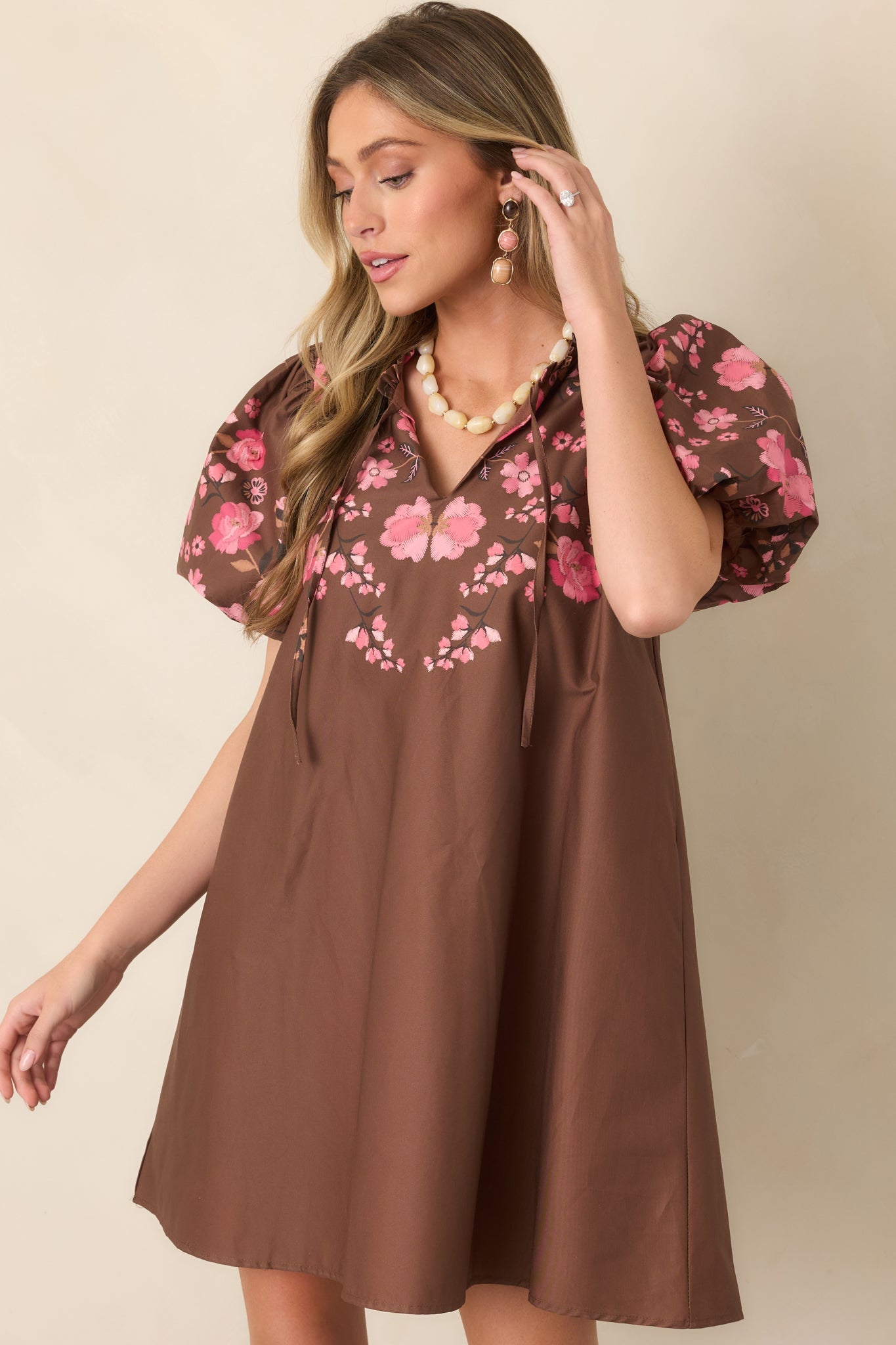 Pretty Particular Brown & Pink Floral Cotton Mini Dress