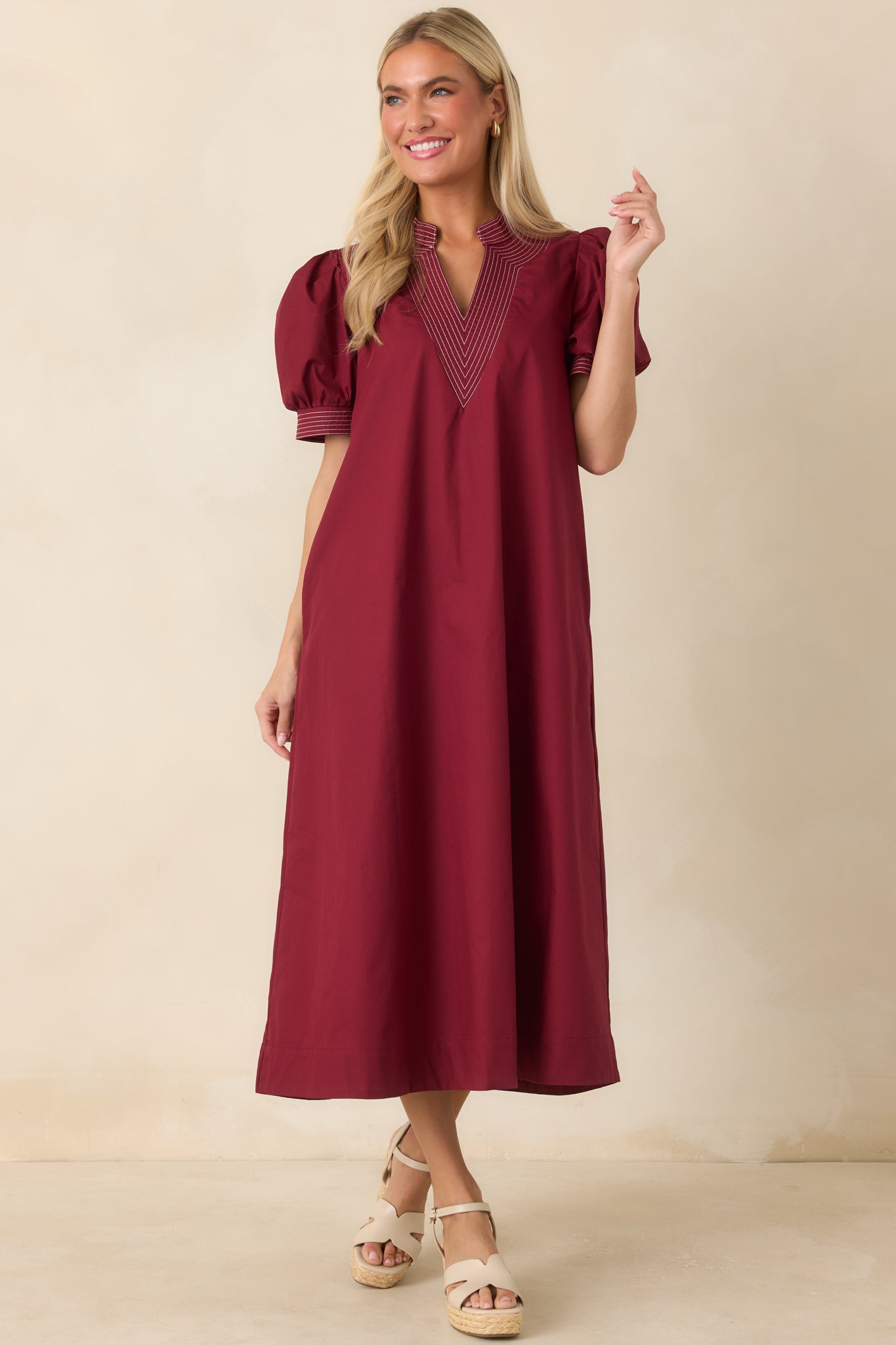 She Makes a Strong Point Burgundy Contrast Stitch Cotton Midi Dress