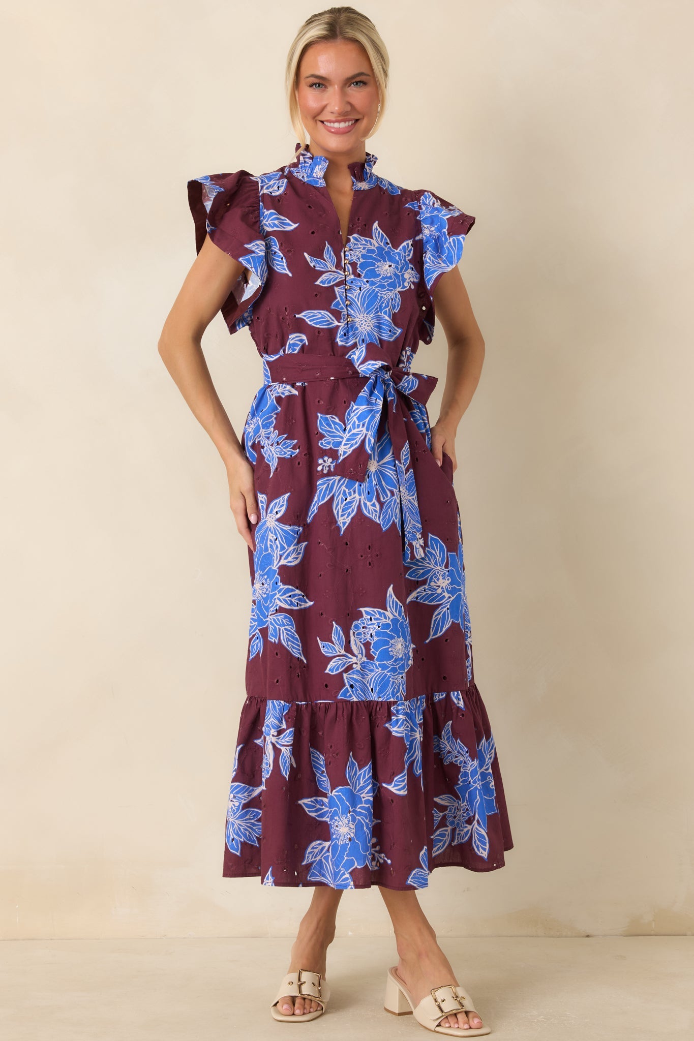 Fresh Air Affair Wine & Cobalt Floral Cotton Eyelet Midi Dress