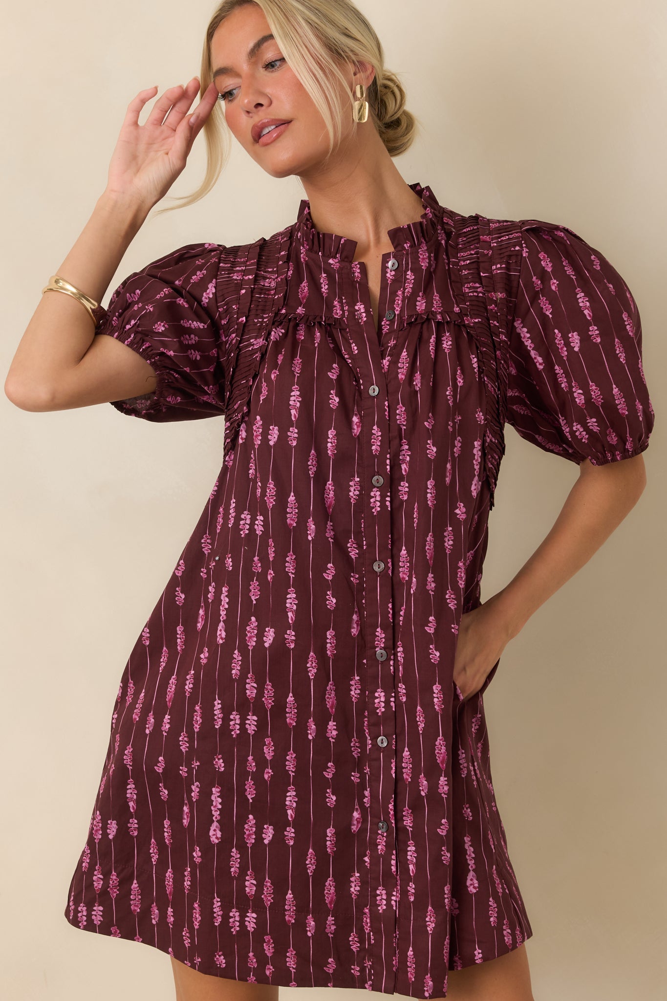 New Direction Wine & Pink Abstract Stripe Cotton Mini Dress