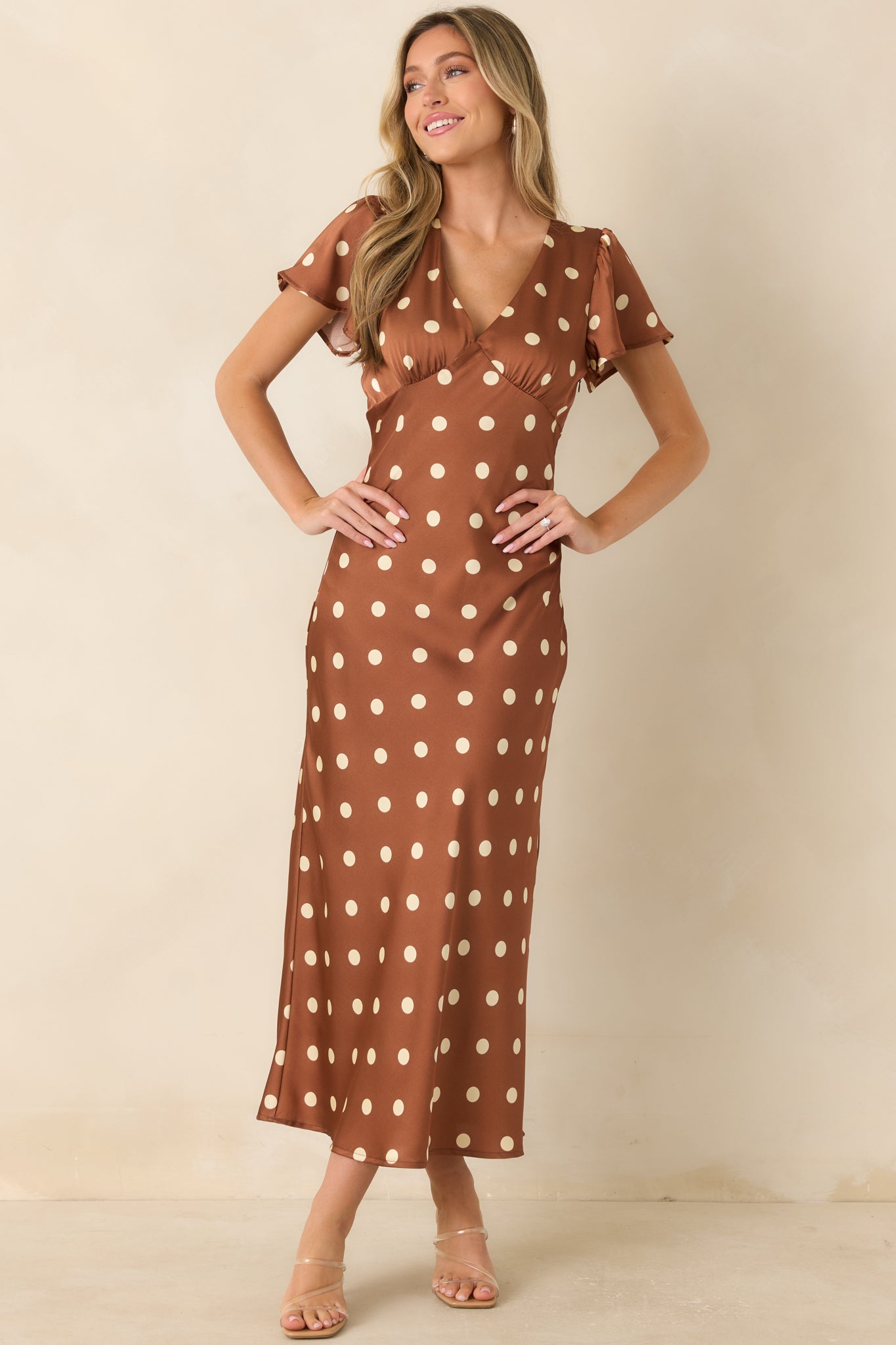 Forever Classic Brown Polka Dot Satin Midi Dress