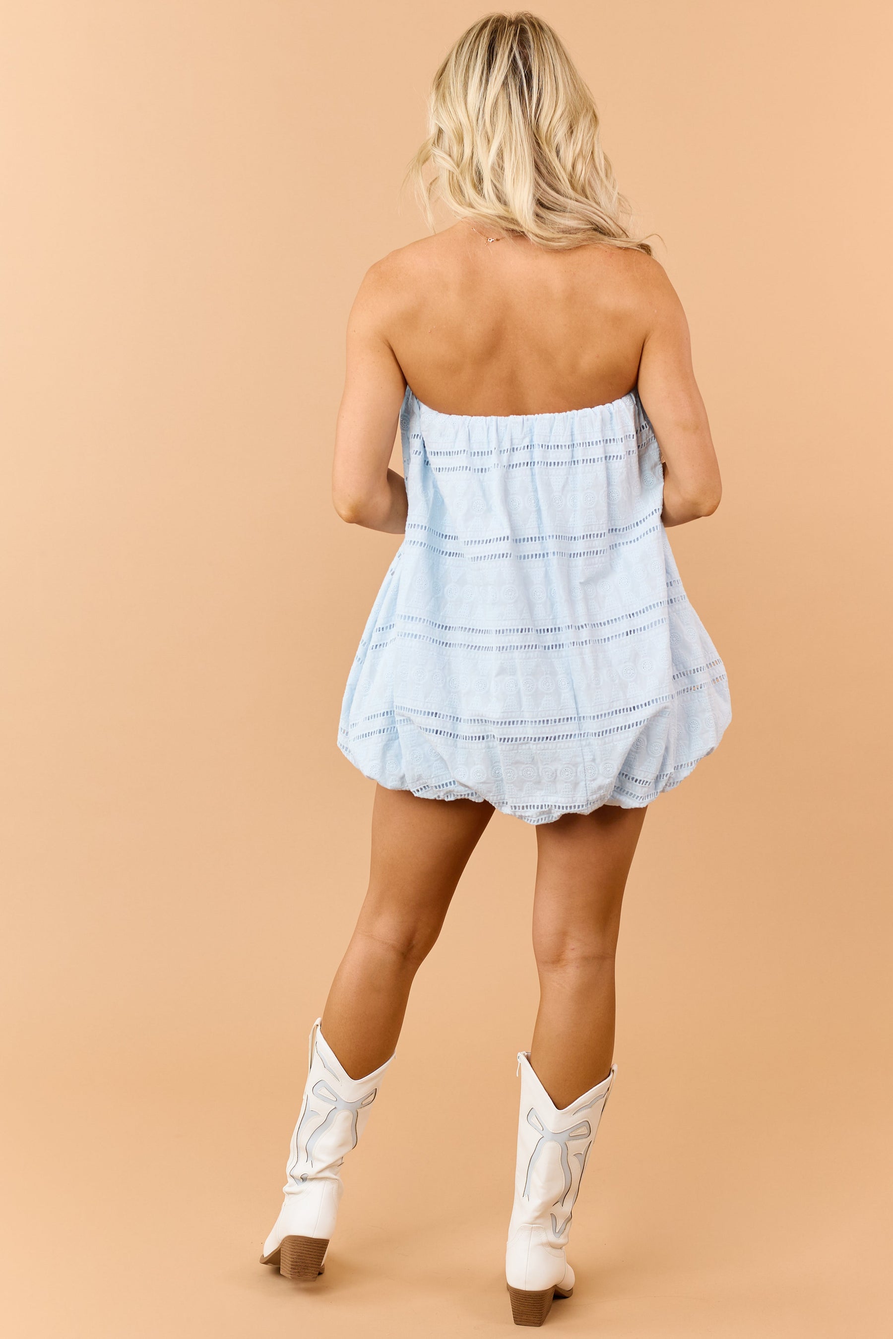 Sky Blue Cotton Eyelet Lace Bubble Hem Mini Dress