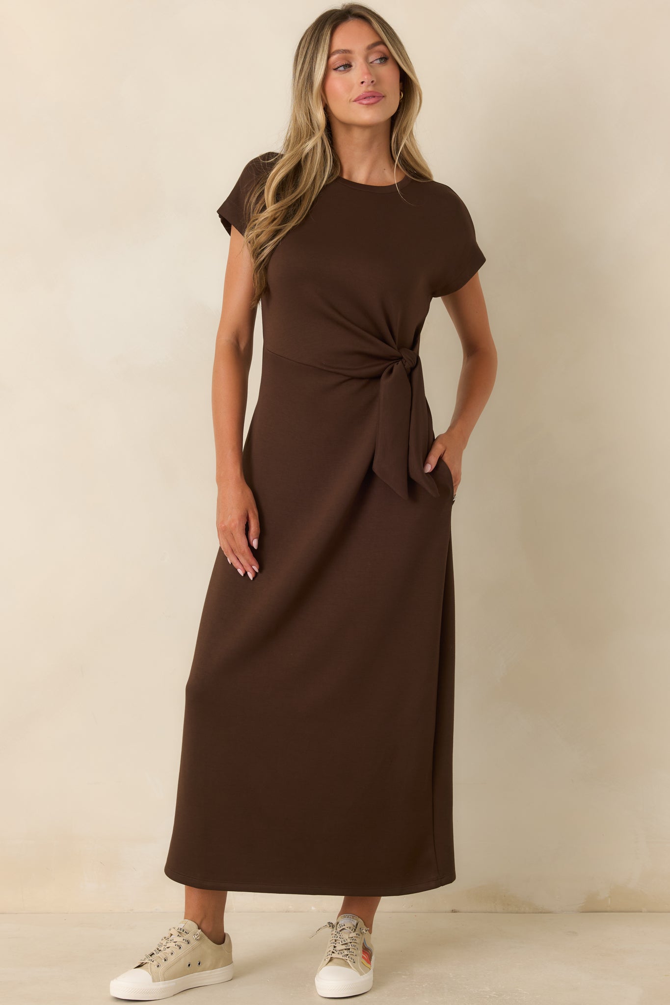 On a Side Note Chocolate Brown Side Tie Maxi Dress